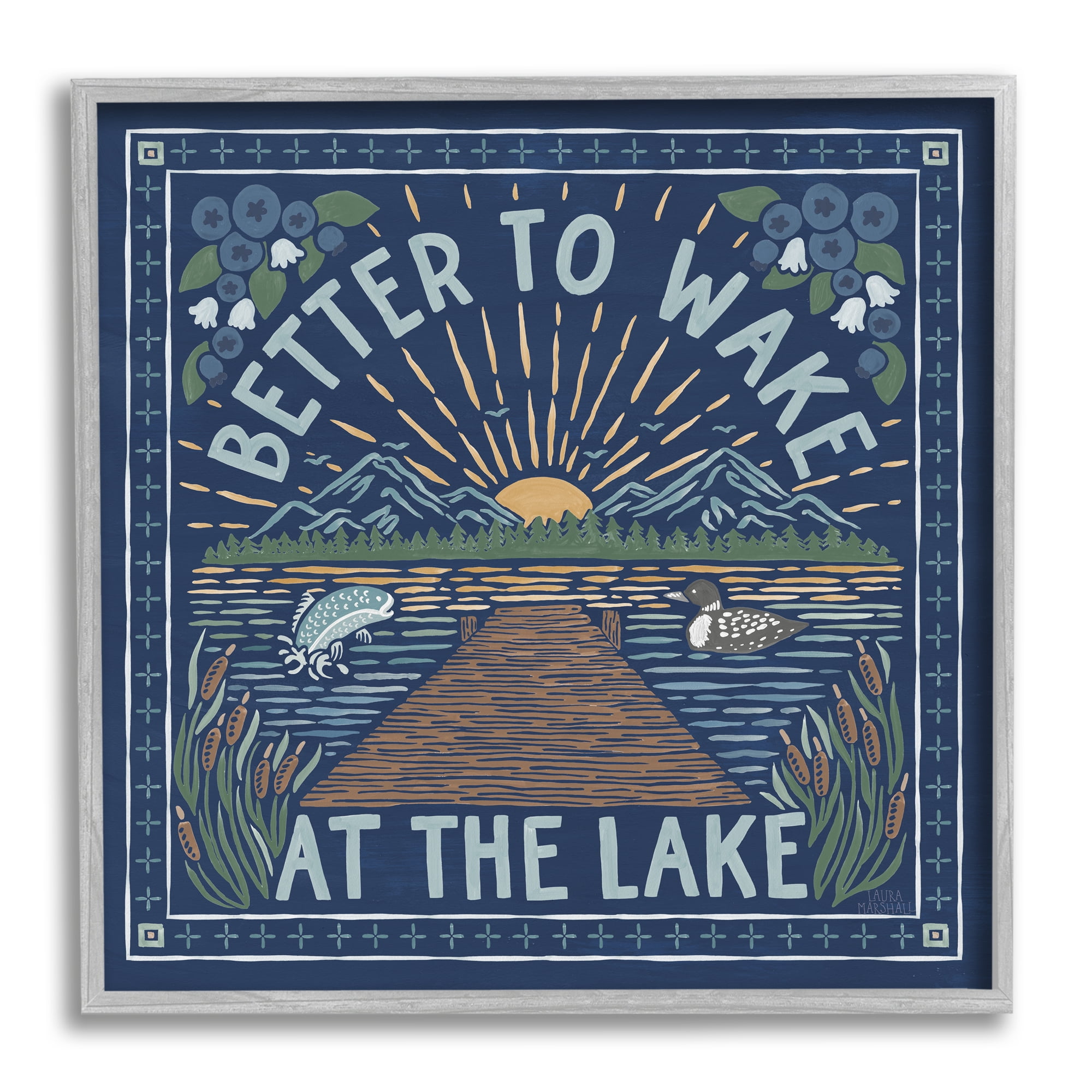 Stupell Industries Blue Wake at Lake Phrase Nature Painting Gray Framed Art Print Wall Art, 24 x 24