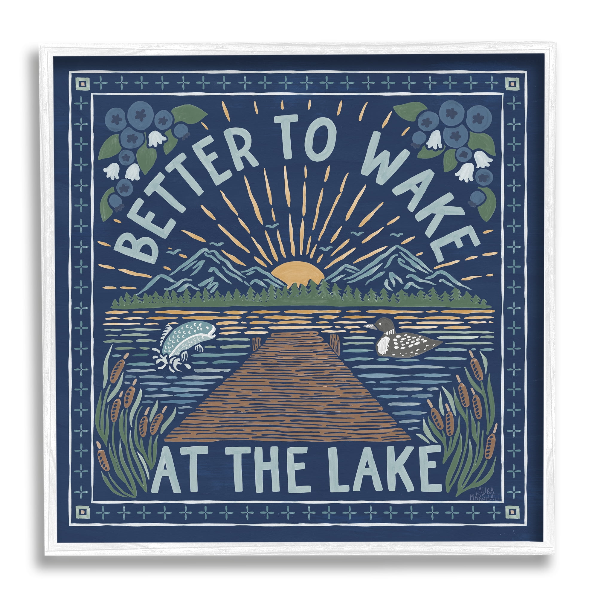 Stupell Industries Blue Wake at Lake Phrase Nature Painting White Framed Art Print Wall Art, 12 x 12