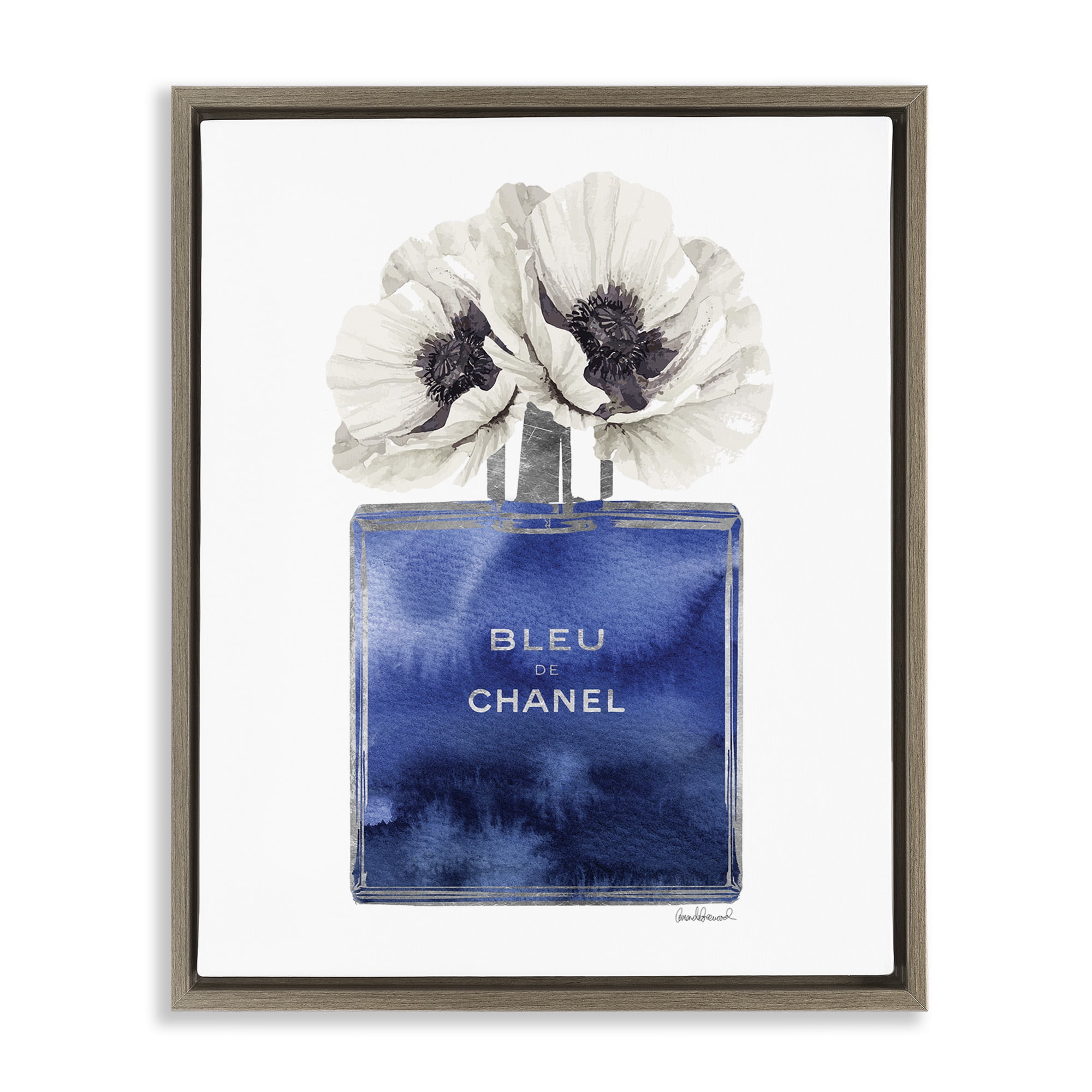 Stupell Industries Blue Watercolor Floral Perfume Beauty & Fashion Painting Brown Floater Framed Canvas Art Print Wall Art, 17 x 21