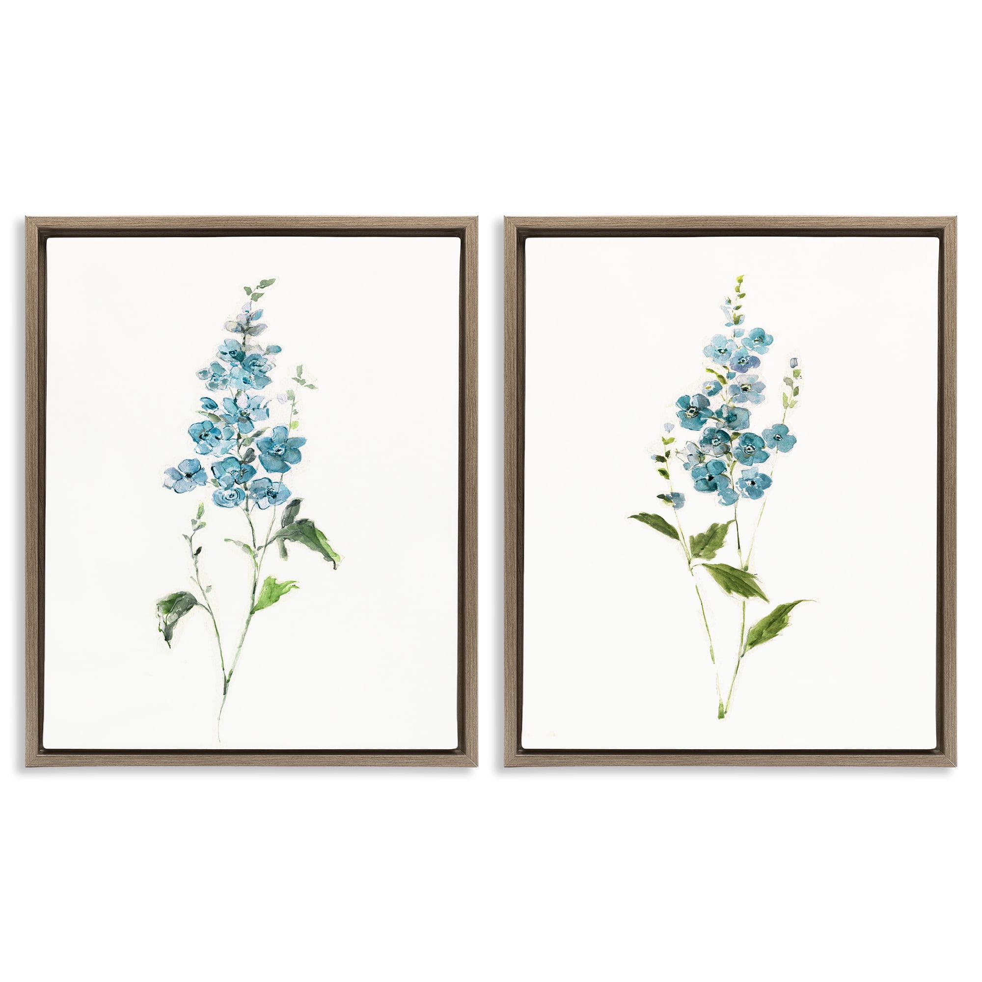 Stupell Industries Blue Watercolor Sprigs 2 Piece Brown Framed Floater Canvas Set, design by Sally Swatland