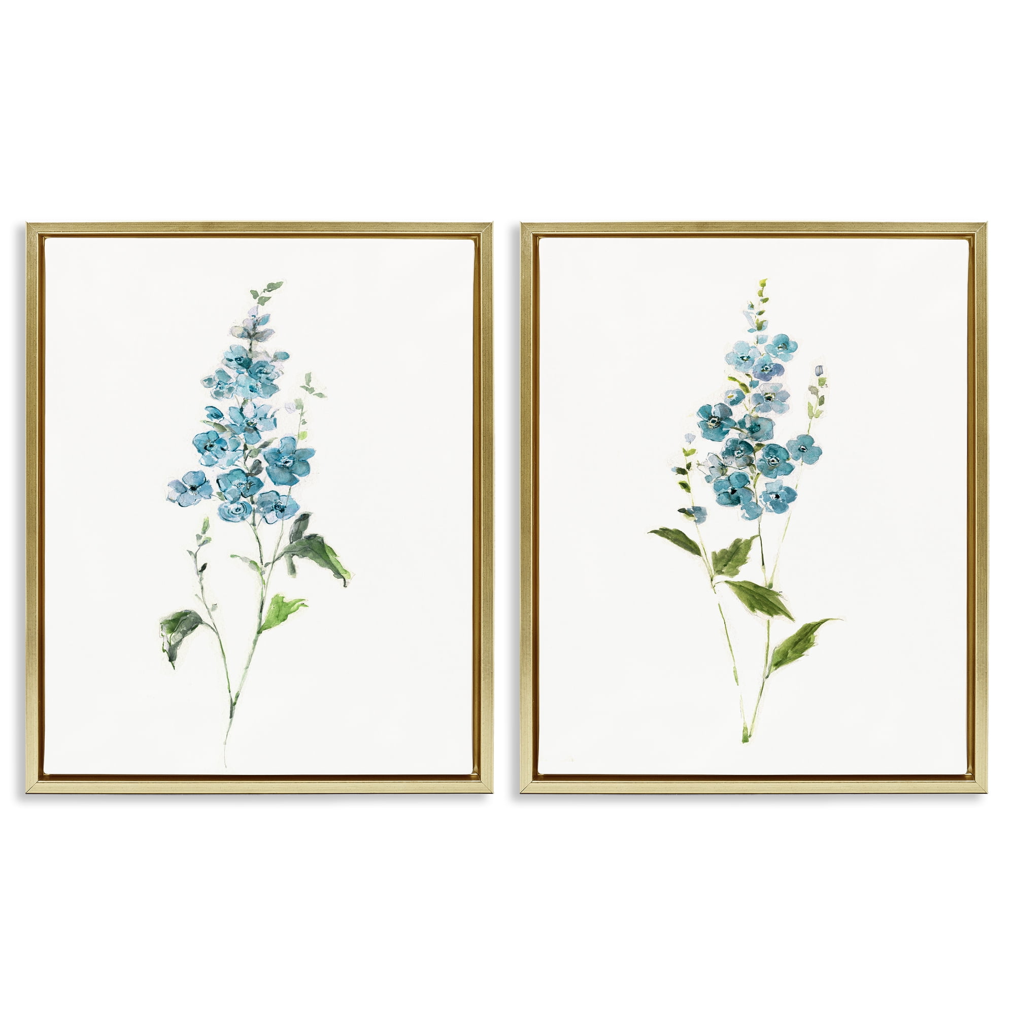Stupell Industries Blue Watercolor Sprigs 2 Piece Gold Framed Floater Canvas Set, design by Sally Swatland