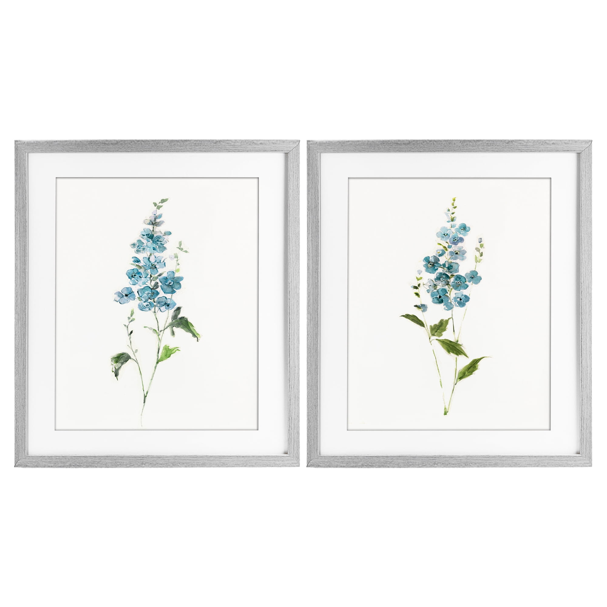 Stupell Industries Blue Watercolor Sprigs 2 Piece Gray Framed Print Under Glass Set, design by Sally Swatland