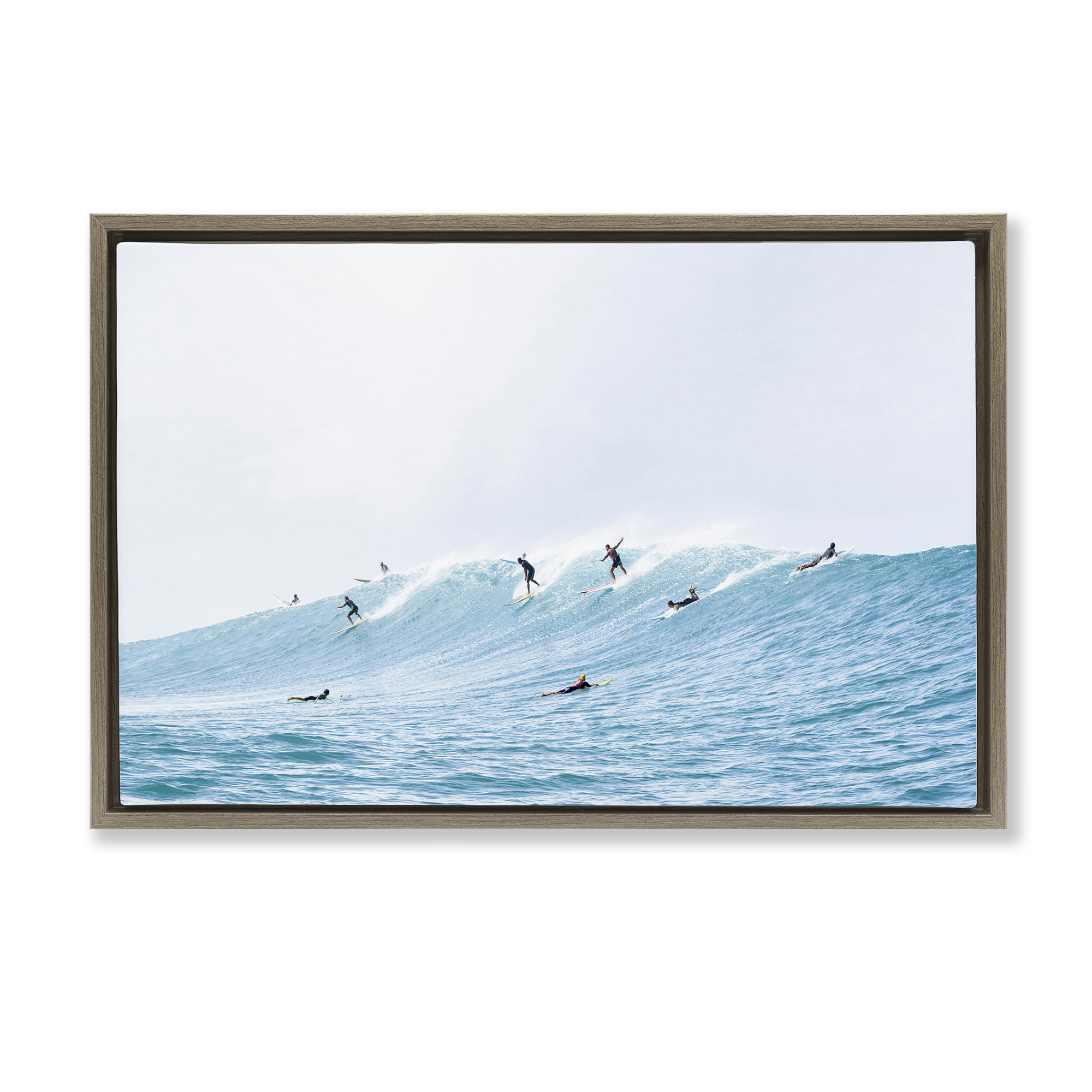 Stupell Industries Blue Wave Surfers Nautical & Beach Photography Brown Floater Framed Canvas Art Print Wall Art, 25 x 17