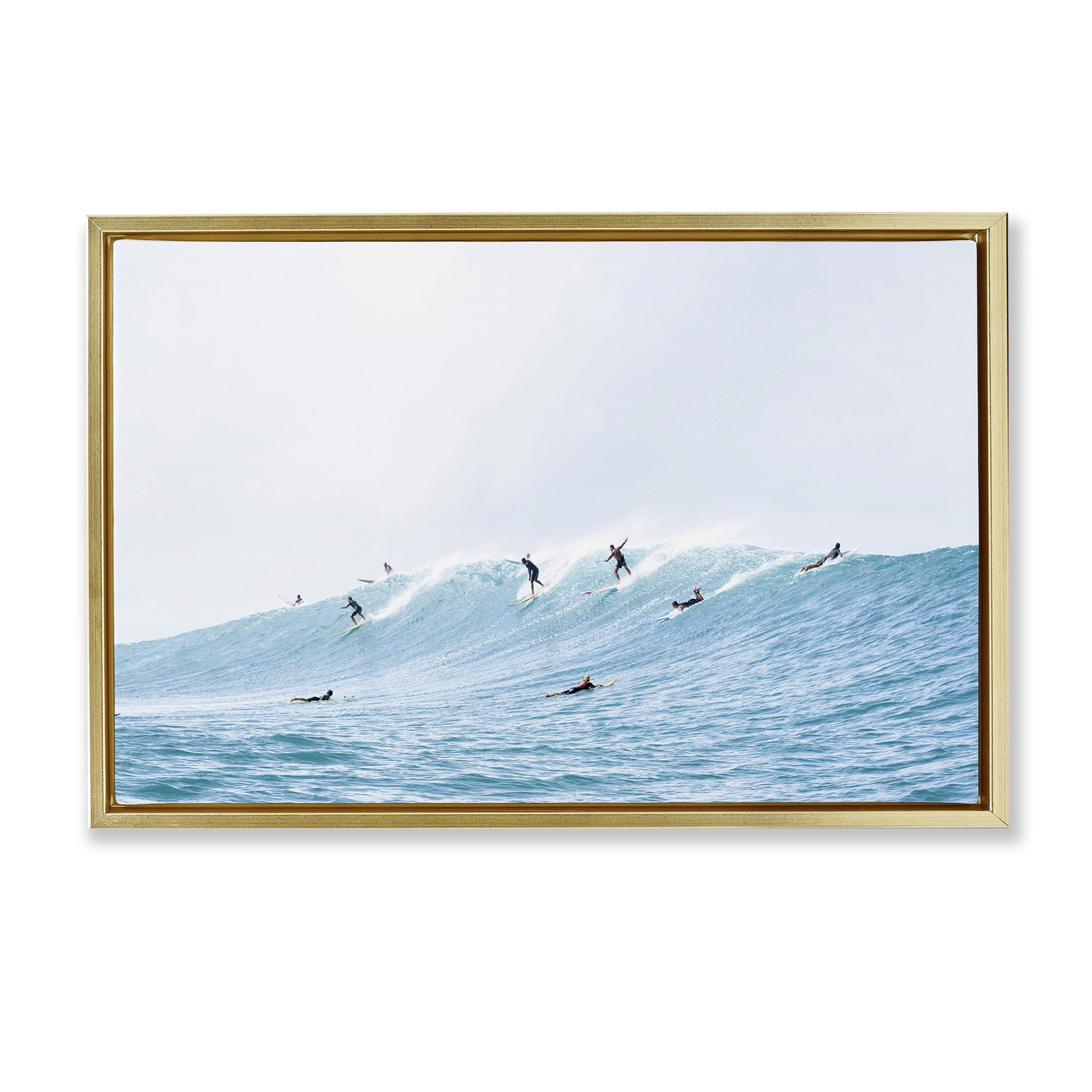 Stupell Industries Blue Wave Surfers Nautical & Beach Photography Gold Floater Framed Canvas Art Print Wall Art, 31 x 21