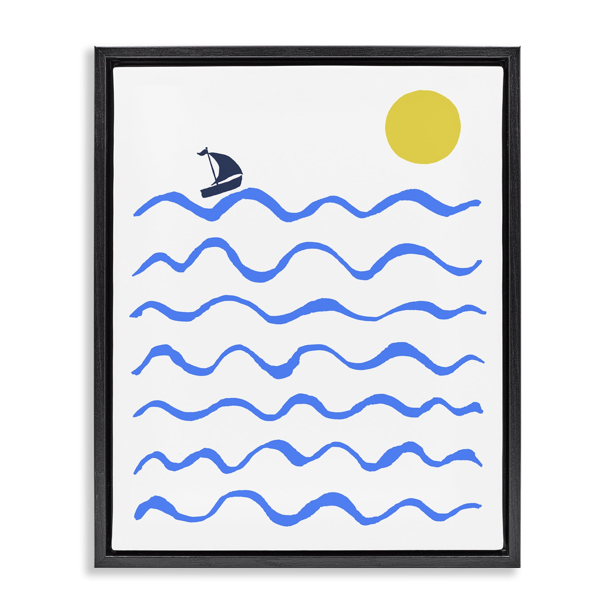 Stupell Industries Blue Waves & Sailboat Doodle Nautical & Beach Painting Black Floater Framed Canvas Art Print Wall Art, 25 x 31