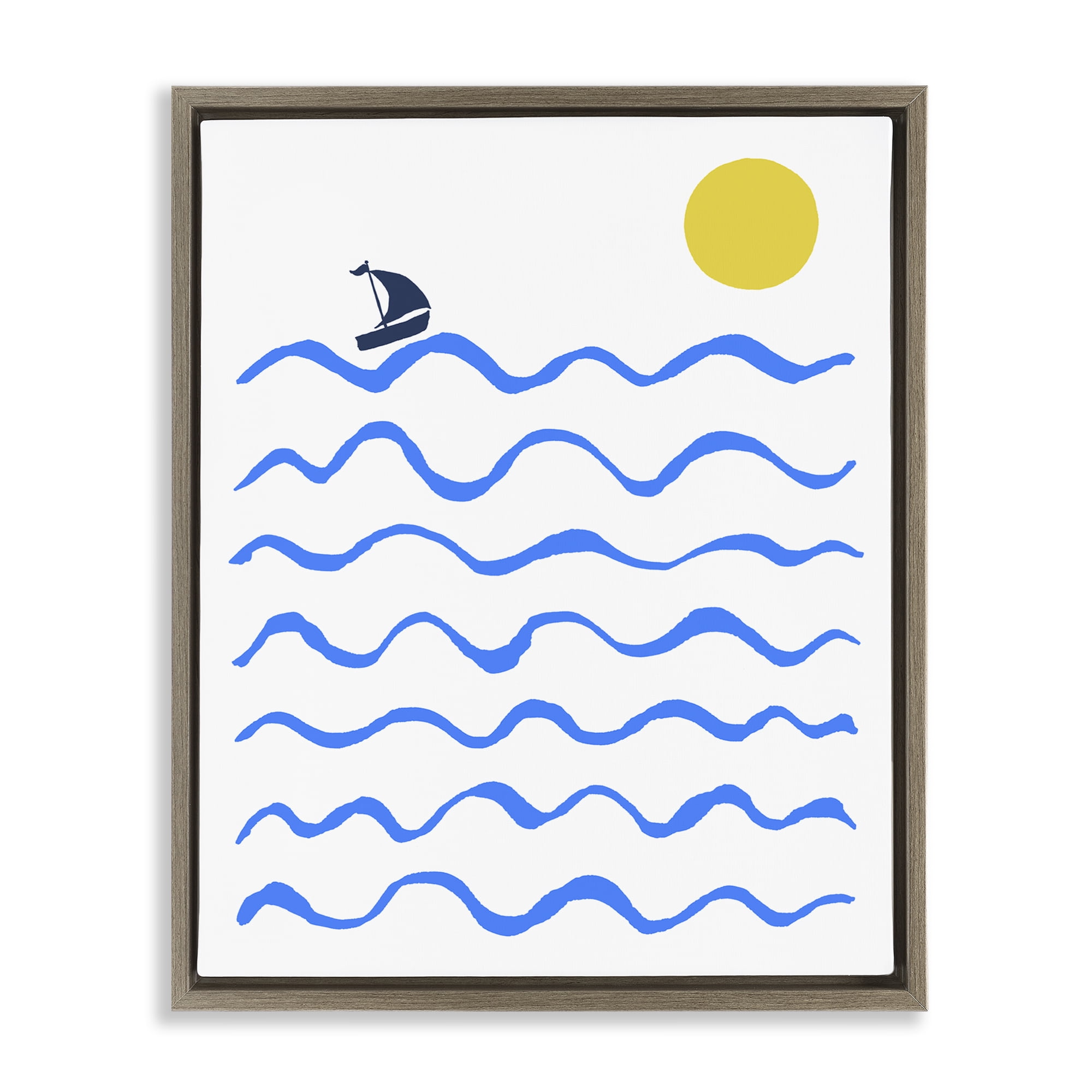 Stupell Industries Blue Waves & Sailboat Doodle Nautical & Beach Painting Brown Floater Framed Canvas Art Print Wall Art, 25 x 31