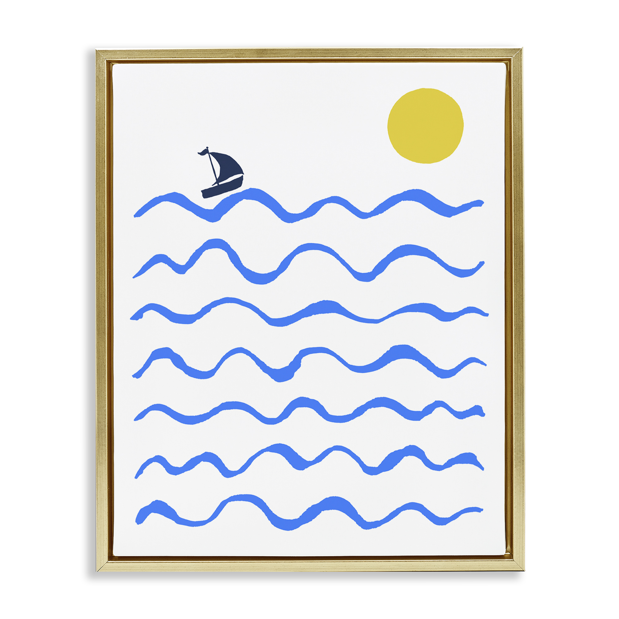 Stupell Industries Blue Waves & Sailboat Doodle Nautical & Beach Painting Gold Floater Framed Canvas Art Print Wall Art, 17 x 21