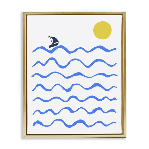 Stupell Industries Blue Waves & Sailboat Doodle Nautical & Beach Painting Gold Floater Framed Canvas Art Print Wall Art, 17 x 21