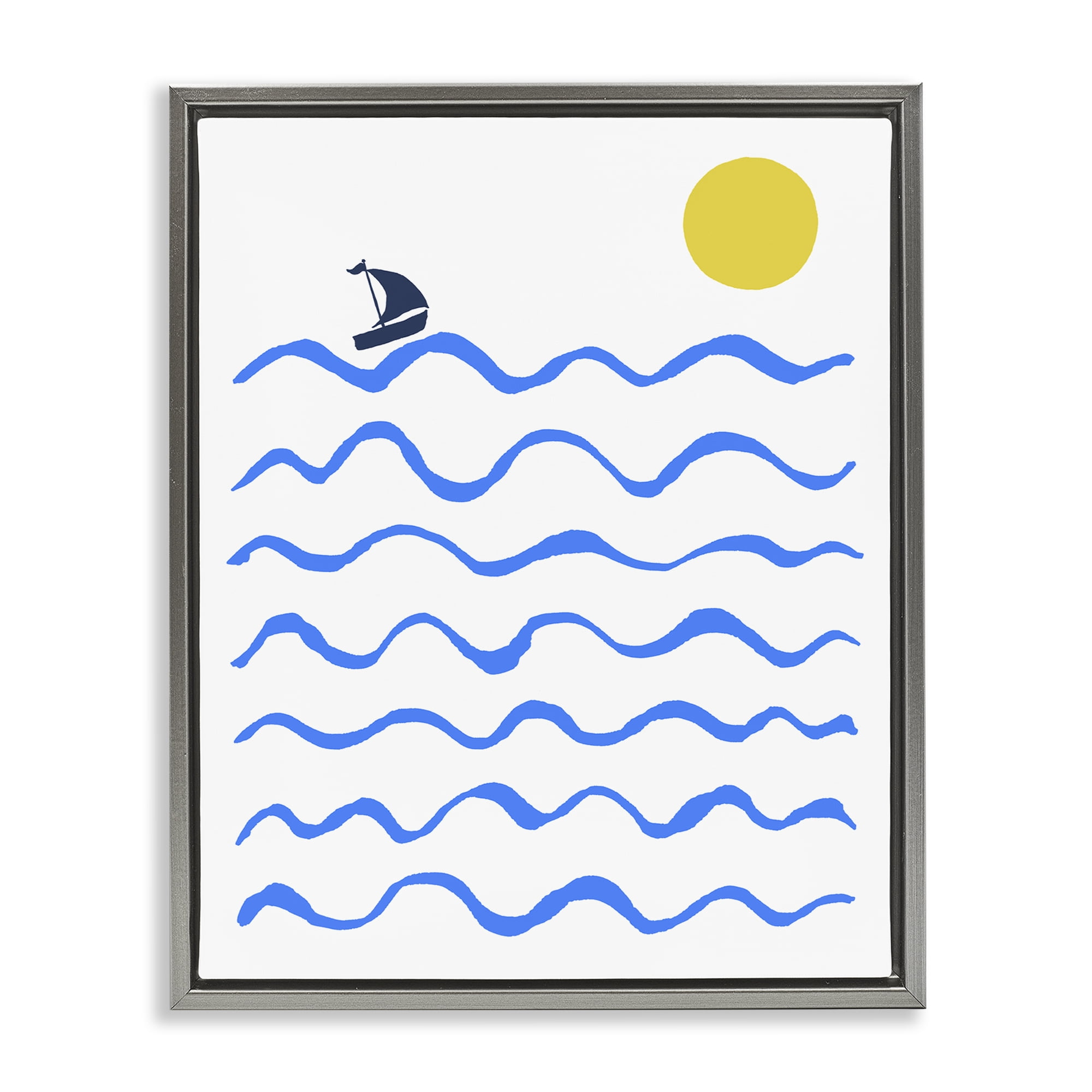 Stupell Industries Blue Waves & Sailboat Doodle Nautical & Beach Painting Gray Floater Framed Canvas Art Print Wall Art, 17 x 21