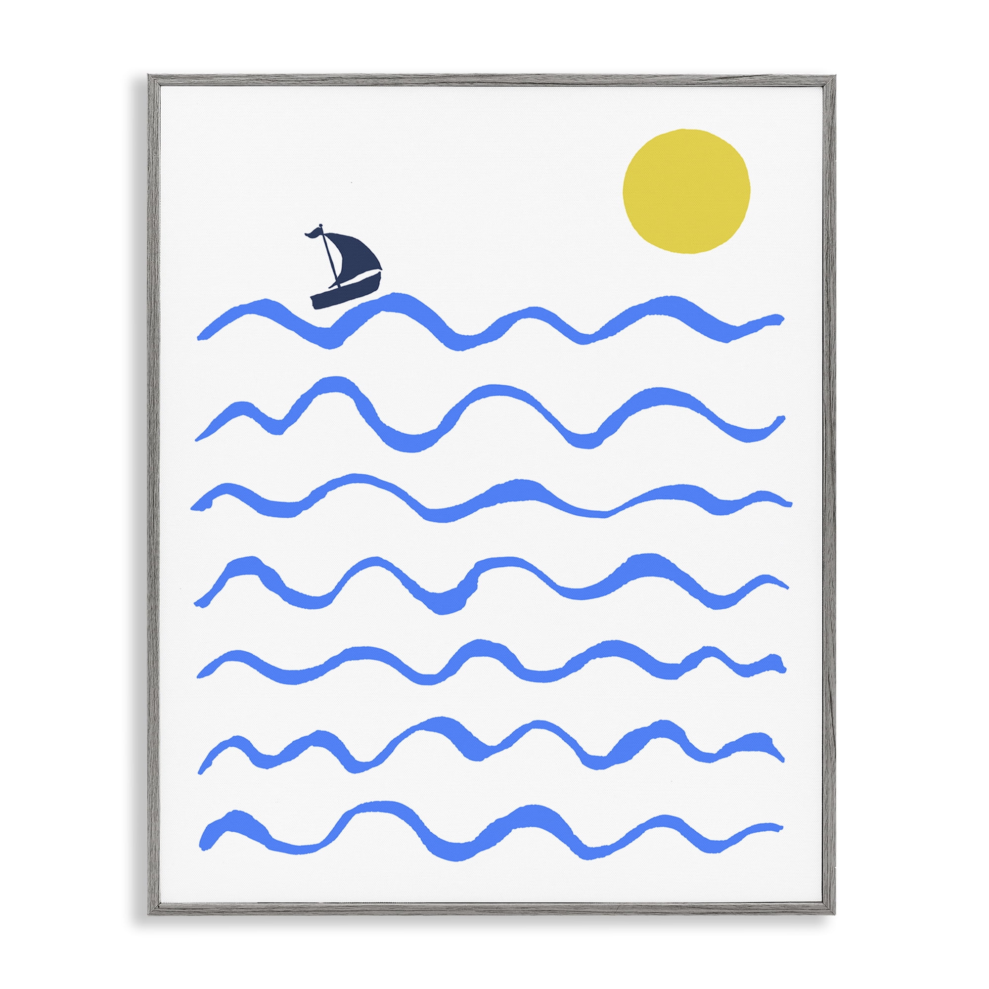 Stupell Industries Blue Waves & Sailboat Doodle Nautical & Beach Painting Gray Framed Art Print Wall Art, 11 x 14