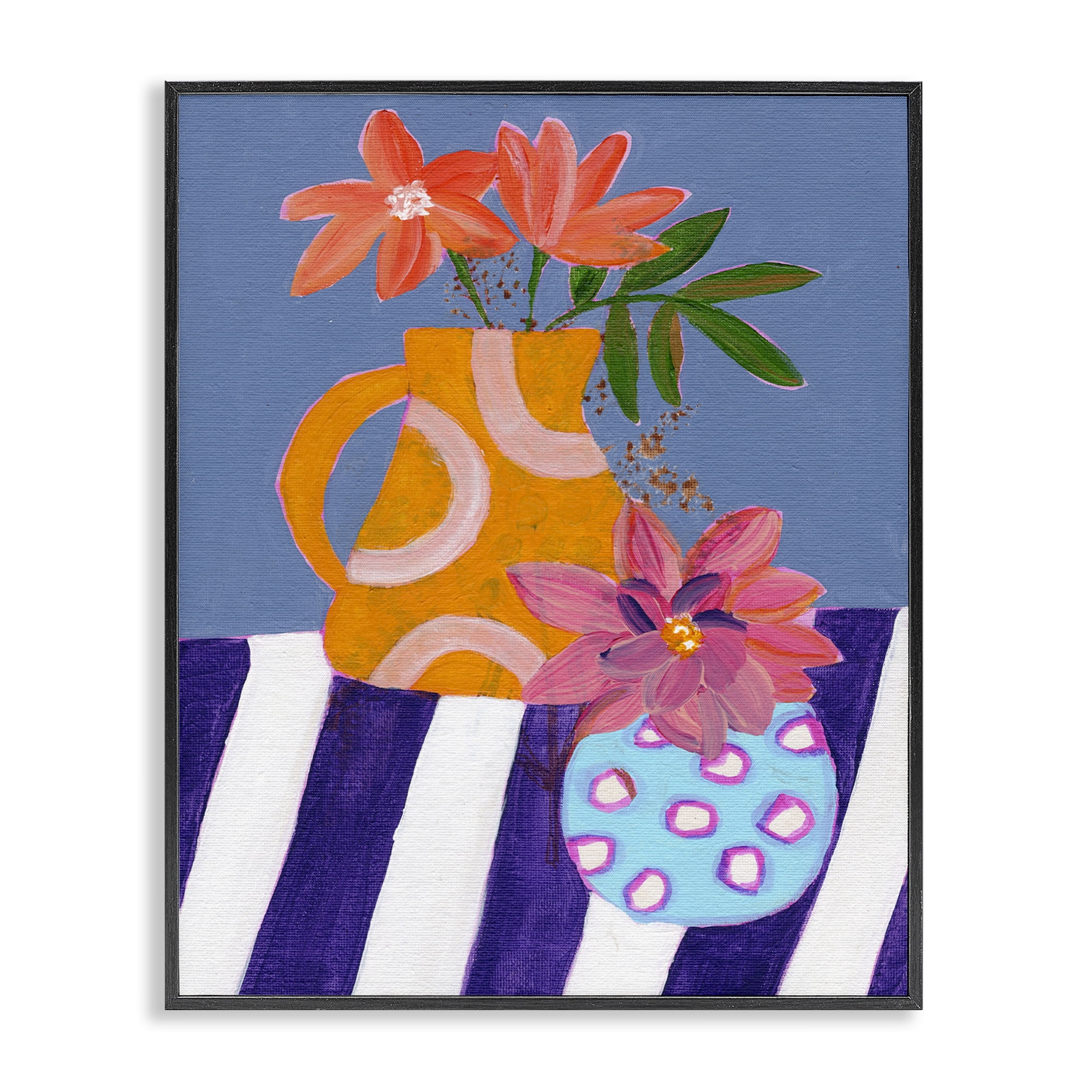 Stupell Industries Blue Whimsy Farm Vase Plants & Flowers Painting Black Framed Art Print Wall Art, 16 x 20