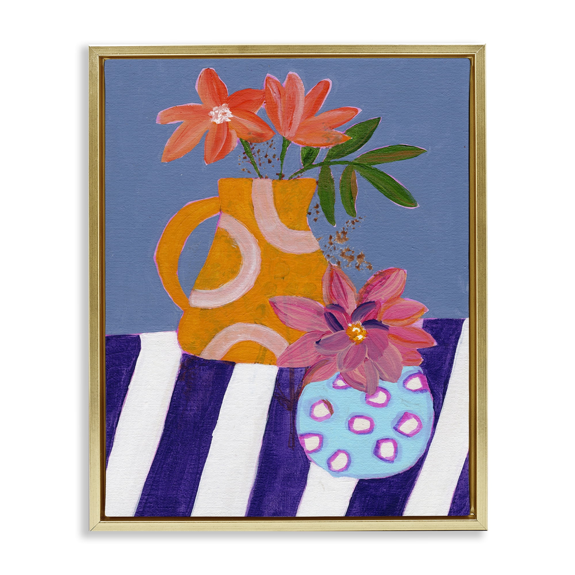 Stupell Industries Blue Whimsy Farm Vase Plants & Flowers Painting Gold Floater Framed Canvas Art Print Wall Art, 17 x 21