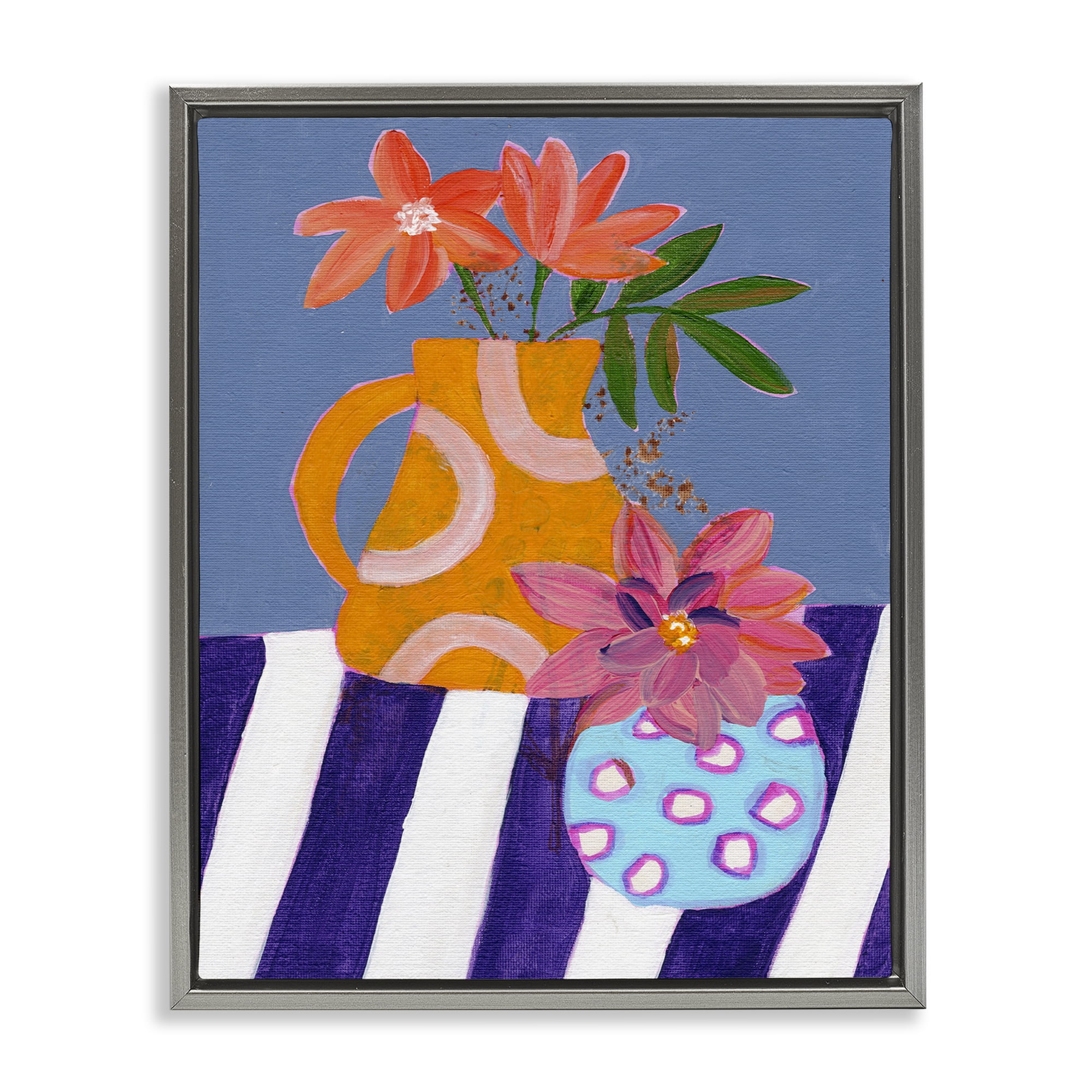 Stupell Industries Blue Whimsy Farm Vase Plants & Flowers Painting Gray Floater Framed Canvas Art Print Wall Art, 17 x 21