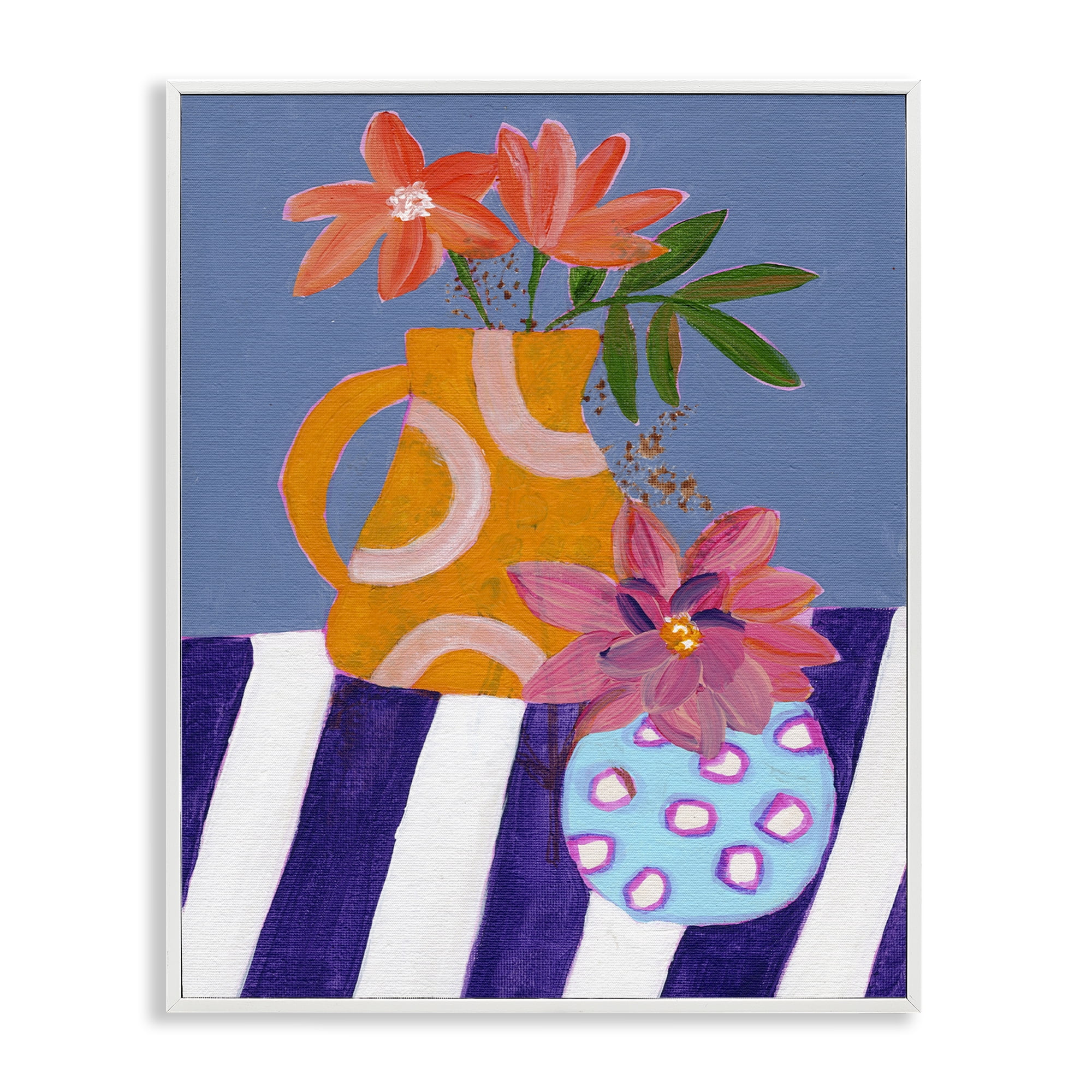 Stupell Industries Blue Whimsy Farm Vase Plants & Flowers Painting White Framed Art Print Wall Art, 24 x 30