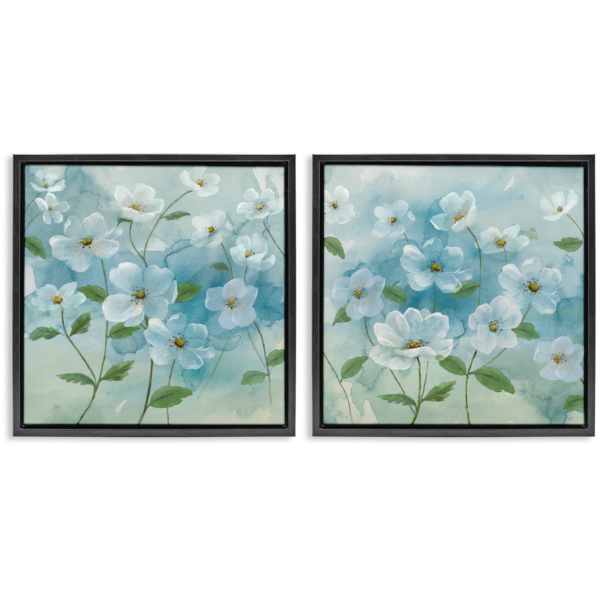 Stupell Industries Blue & White Apple Blossoms Plants & Flowers Painting Black Floater Framed Canvas Art Print Wall Art, 18 x 18, Set of 2