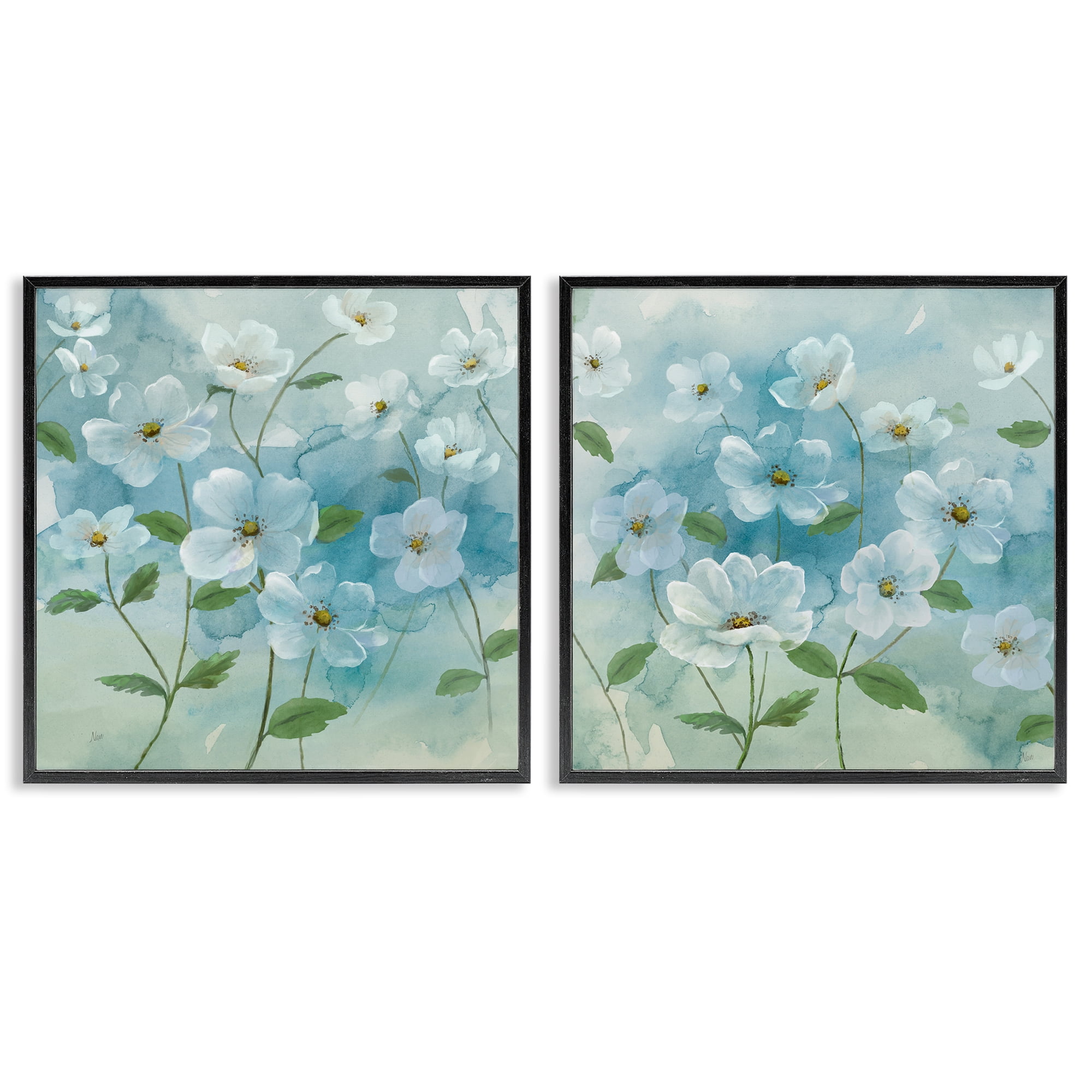 Stupell Industries Blue & White Apple Blossoms Plants & Flowers Painting Black Framed Art Print Wall Art, 17 x 17, Set of 2
