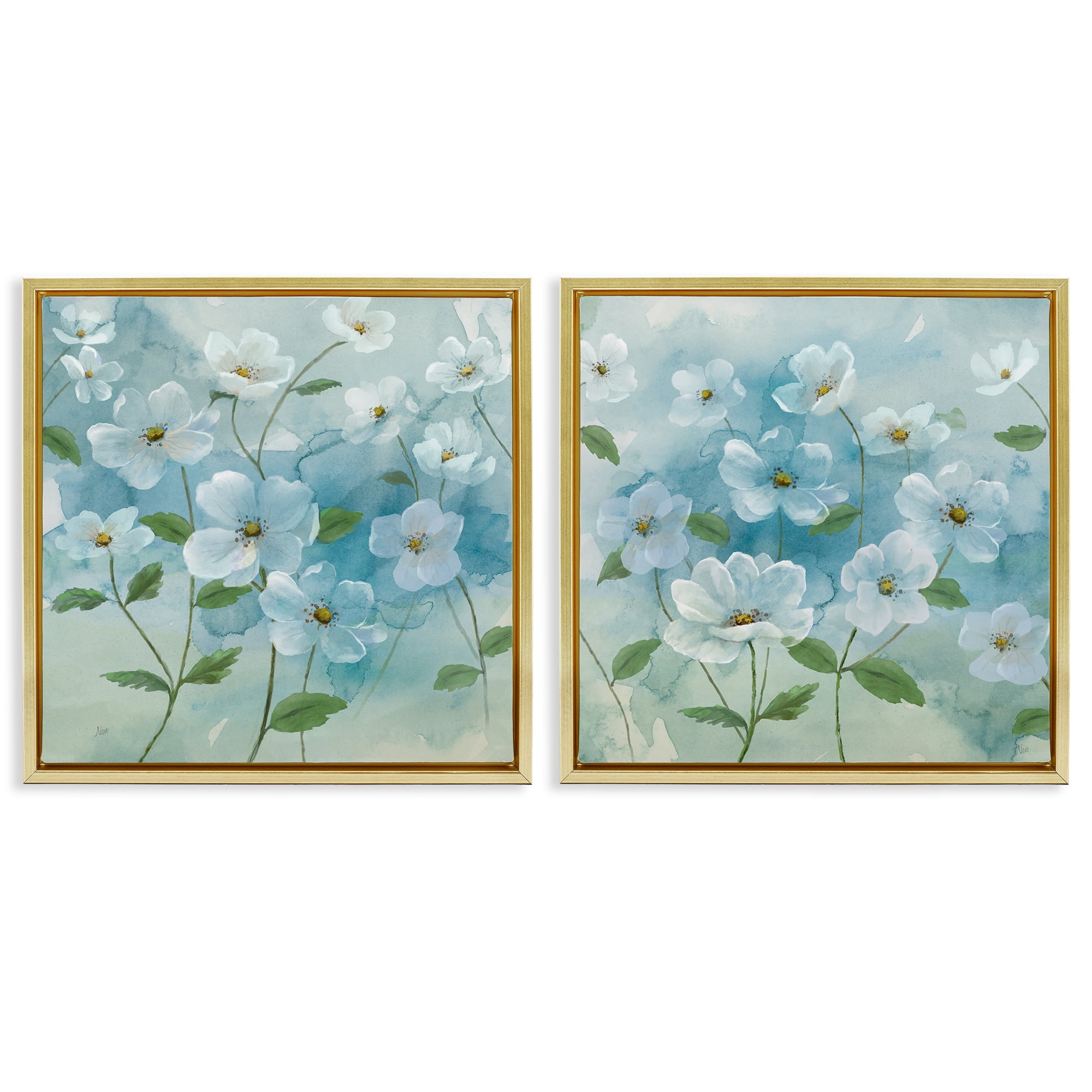 Stupell Industries Blue & White Apple Blossoms Plants & Flowers Painting Gold Floater Framed Canvas Art Print Wall Art, 18 x 18, Set of 2