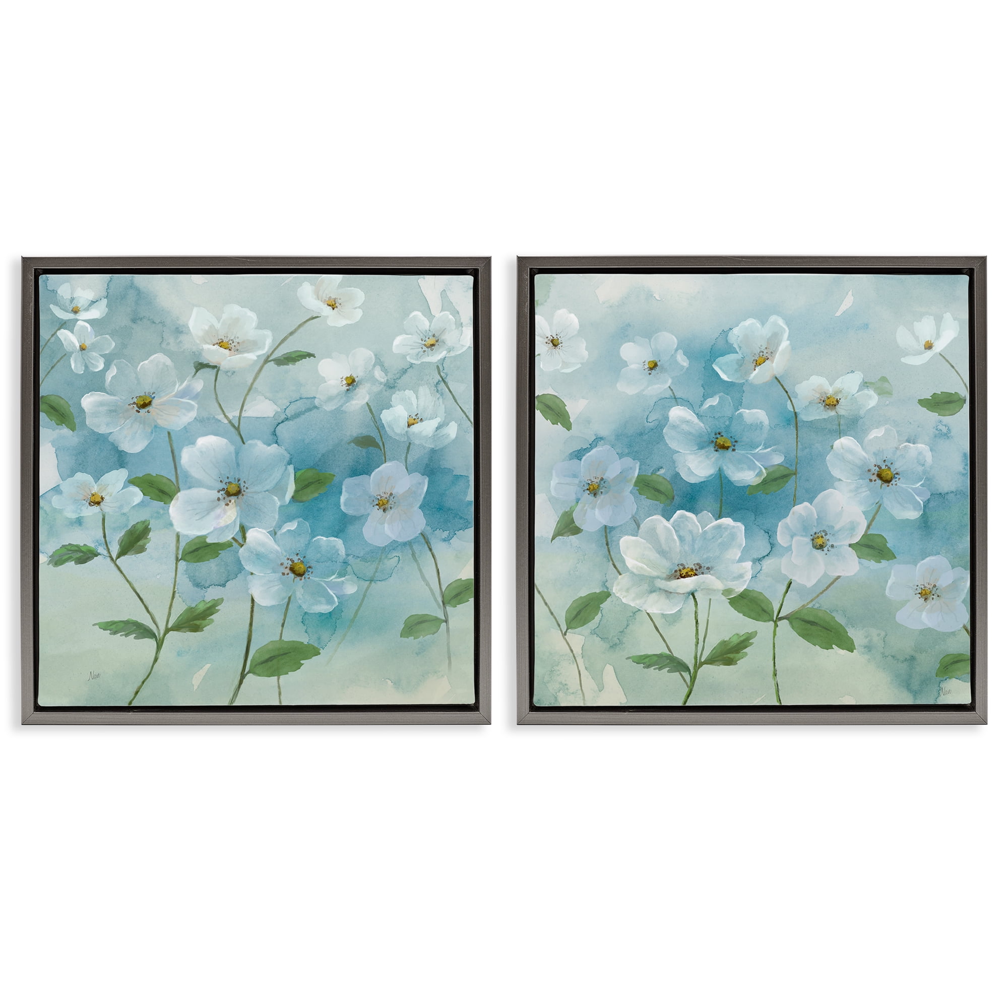 Stupell Industries Blue & White Apple Blossoms Plants & Flowers Painting Gray Floater Framed Canvas Art Print Wall Art, 18 x 18, Set of 2