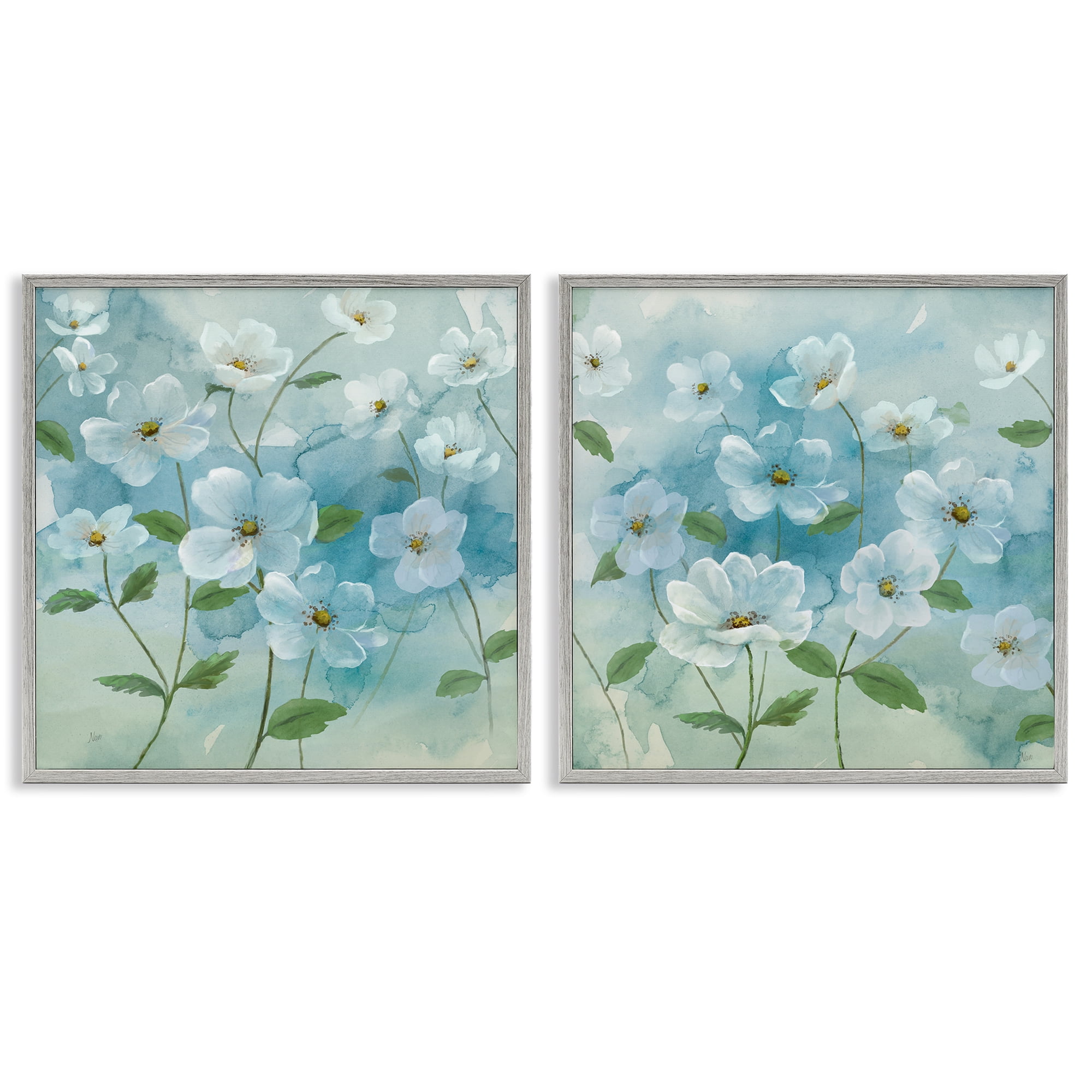 Stupell Industries Blue & White Apple Blossoms Plants & Flowers Painting Gray Framed Art Print Wall Art, 12 x 12, Set of 2