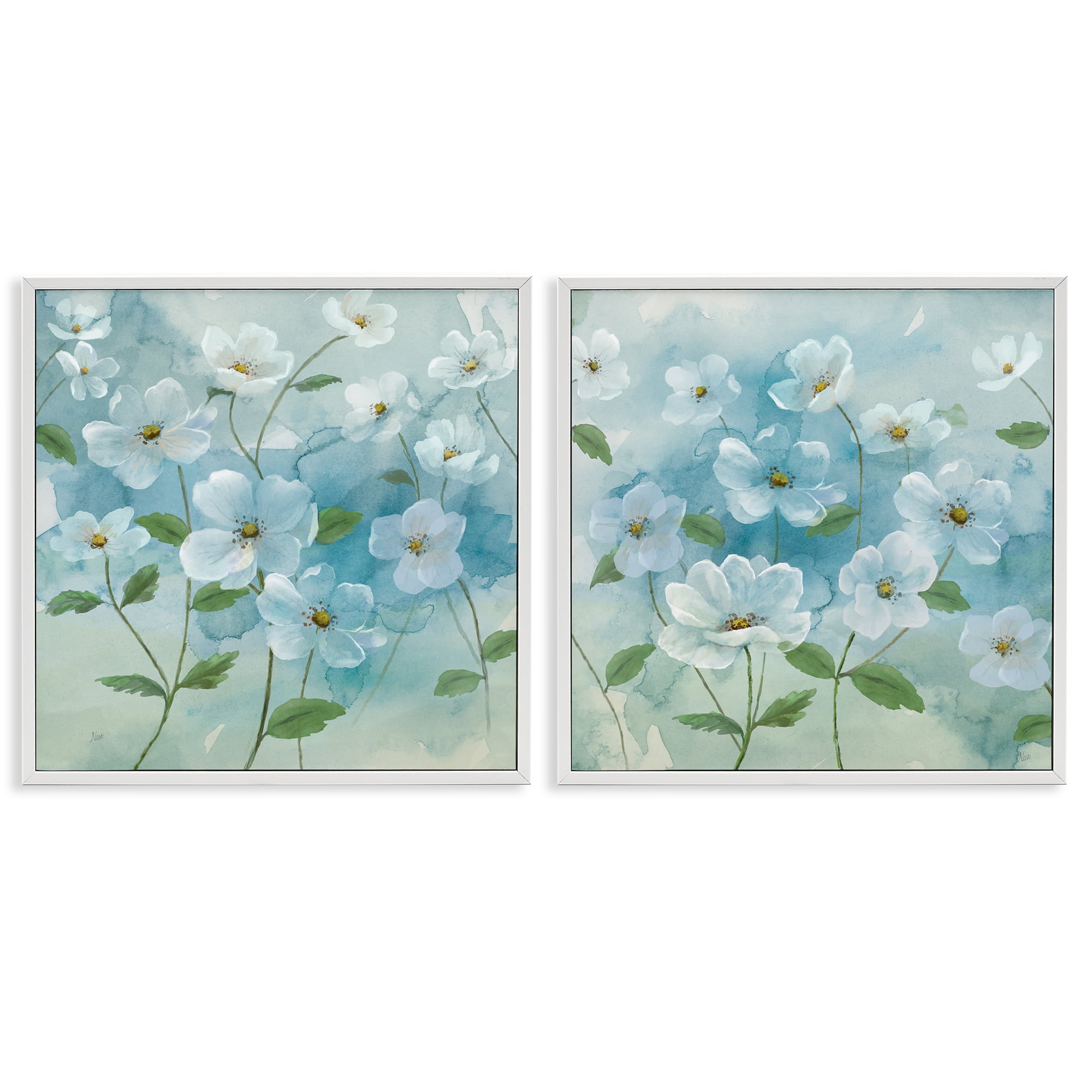 Stupell Industries Blue & White Apple Blossoms Plants & Flowers Painting White Framed Art Print Wall Art, 24 x 24, Set of 2