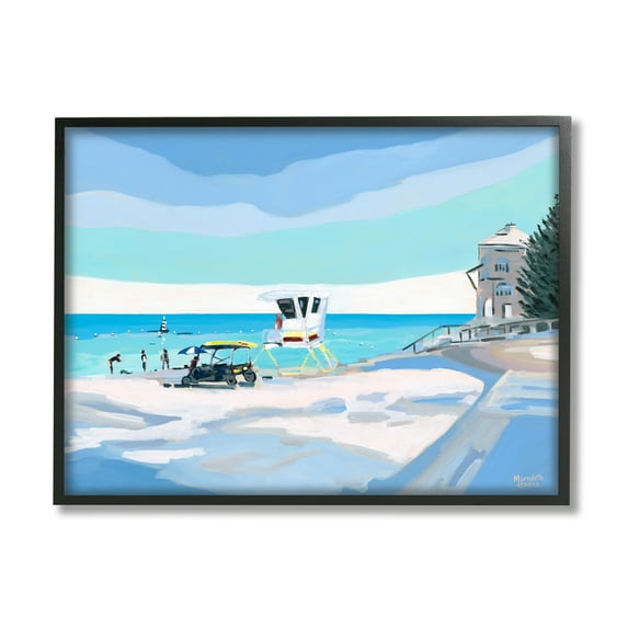 Stupell Industries Blue & White Beach Landscape Painting Black Framed Art Print Wall Art, 14 x 11