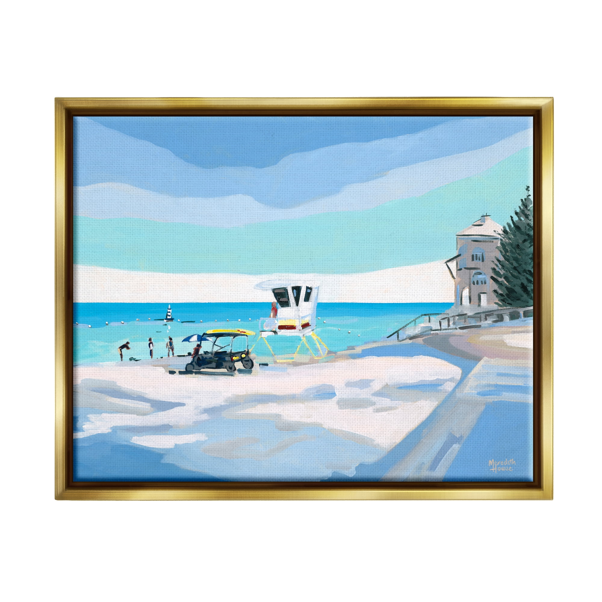 Stupell Industries Blue & White Beach Landscape Painting Gold Floater ...