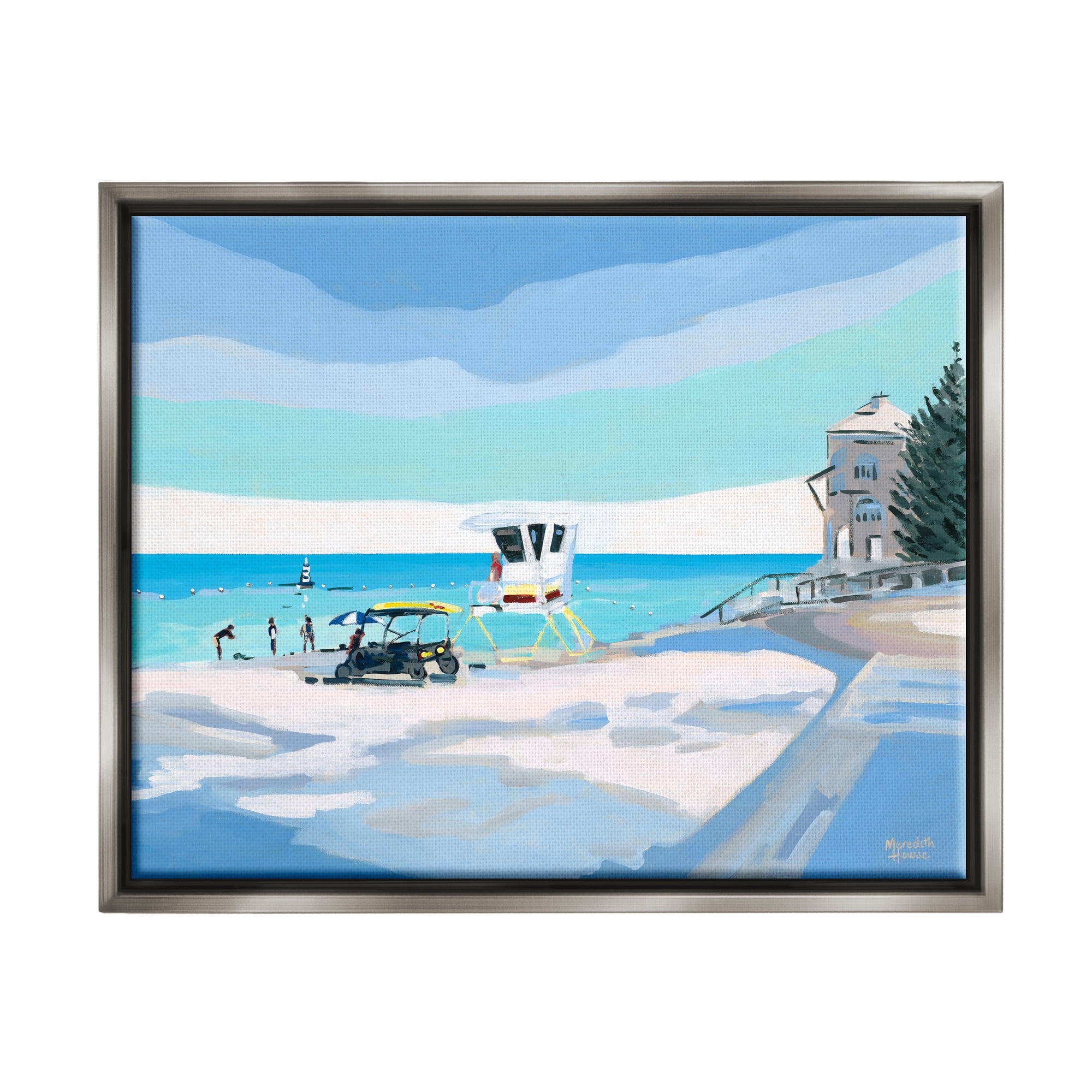 Stupell Industries Blue & White Beach Landscape Painting Gray Floater Framed Canvas Art Print Wall Art, 31 x 25