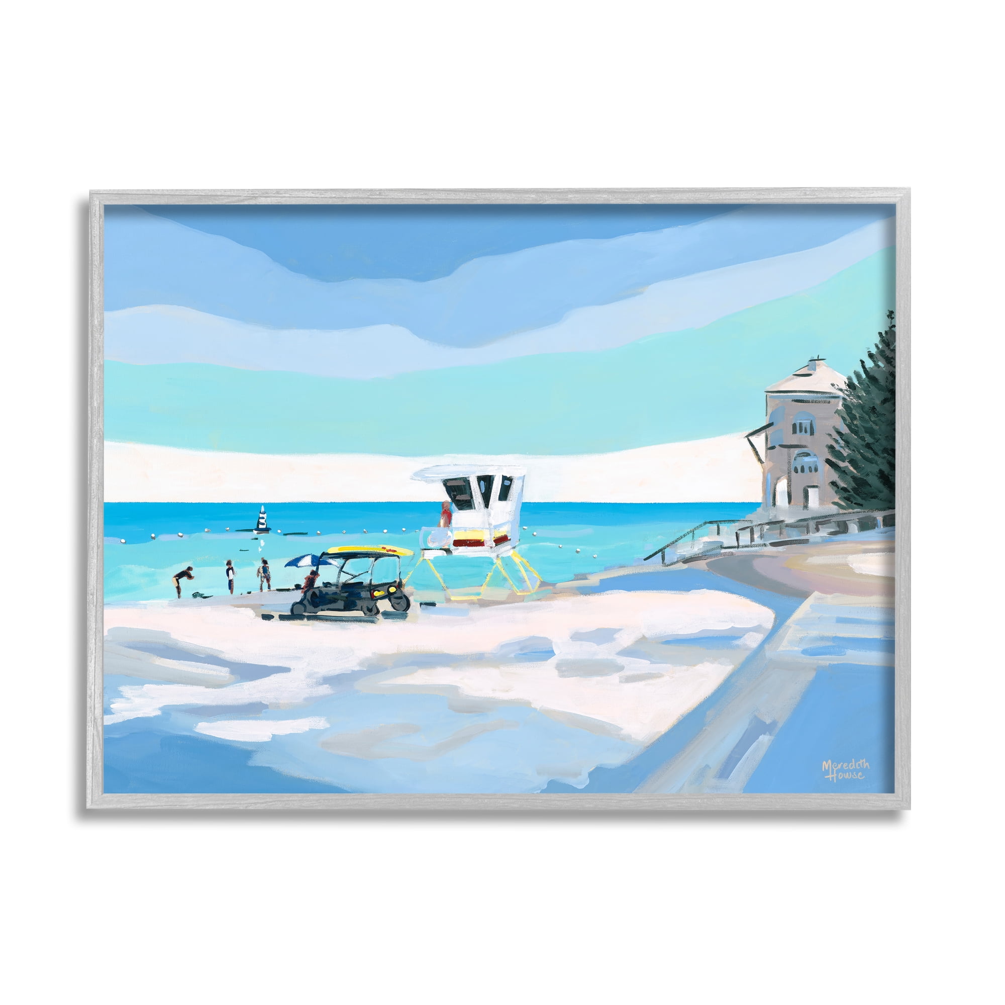 Stupell Industries Blue & White Beach Landscape Painting Gray Framed Art Print Wall Art, 14 x 11