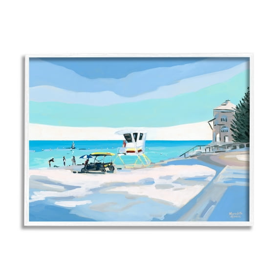 Stupell Industries Blue & White Beach Landscape Painting White Framed Art Print Wall Art, 20 x 16