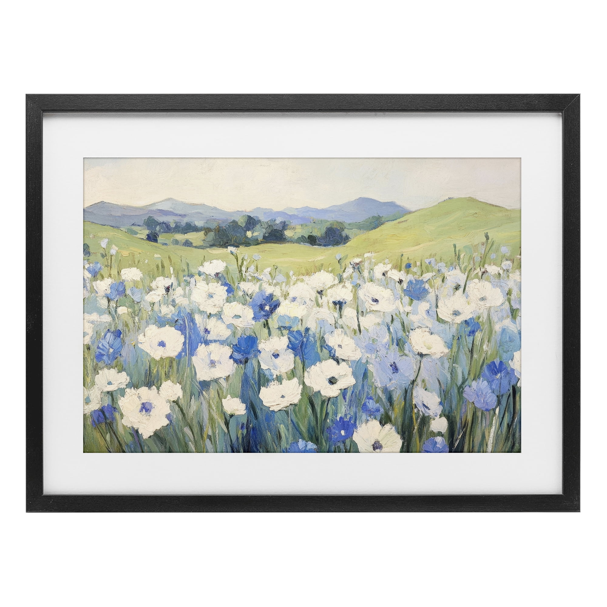 Stupell Industries Blue & White Daisies Black Framed Print Under Glass, design by Petal Prints Design
