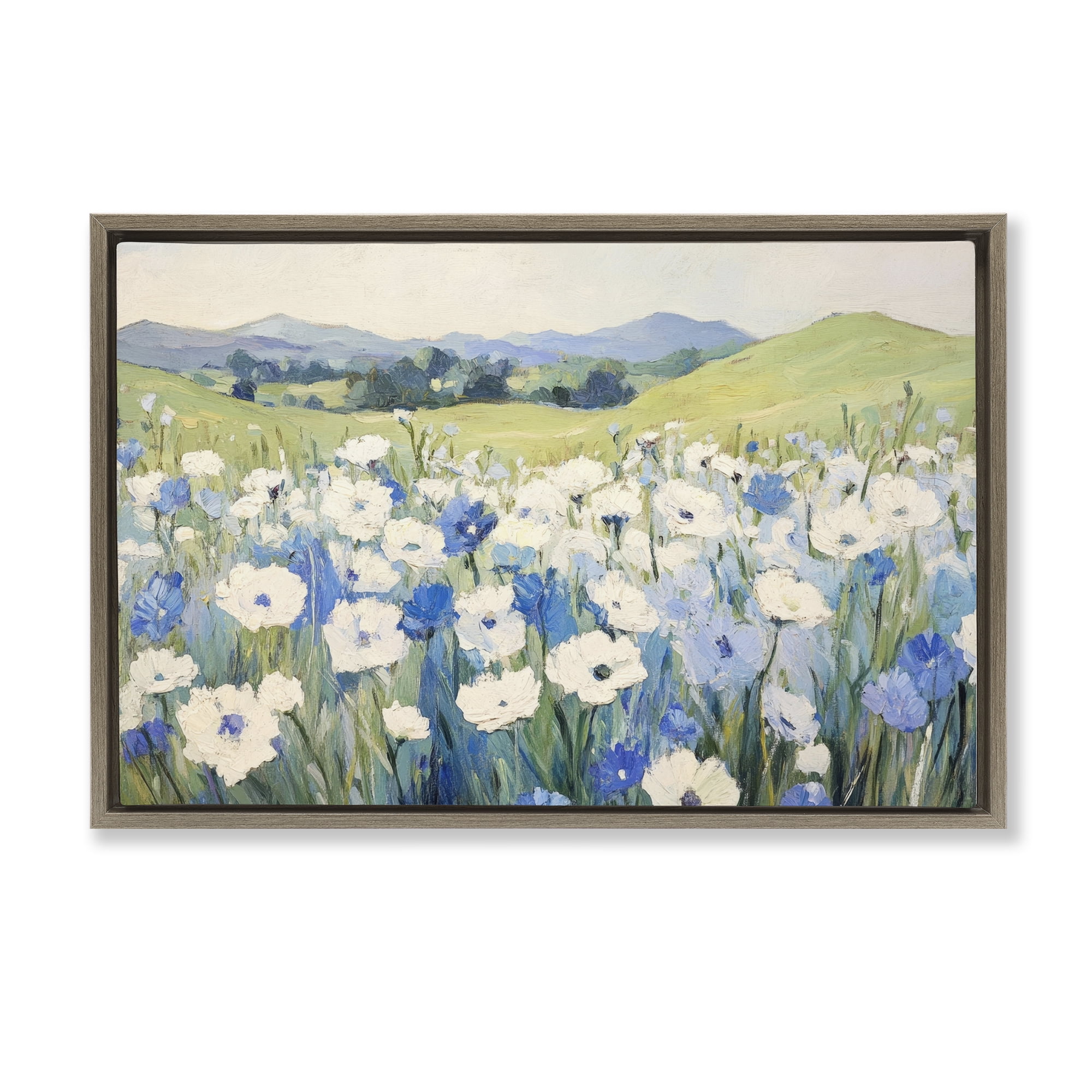 Stupell Industries Blue & White Daisies Brown Framed Floater Canvas Wall Art, design by Petal Prints Design