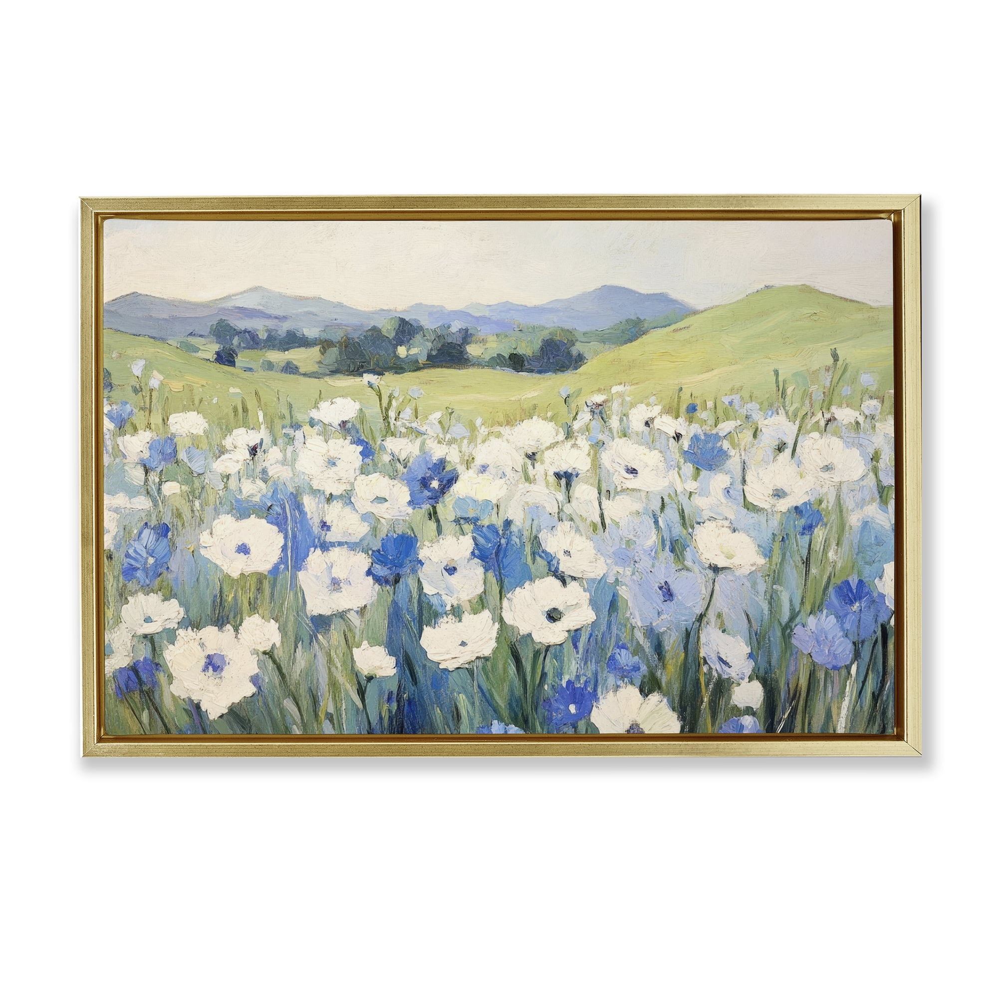 Stupell Industries Blue & White Daisies Gold Framed Floater Canvas Wall Art, design by Petal Prints Design