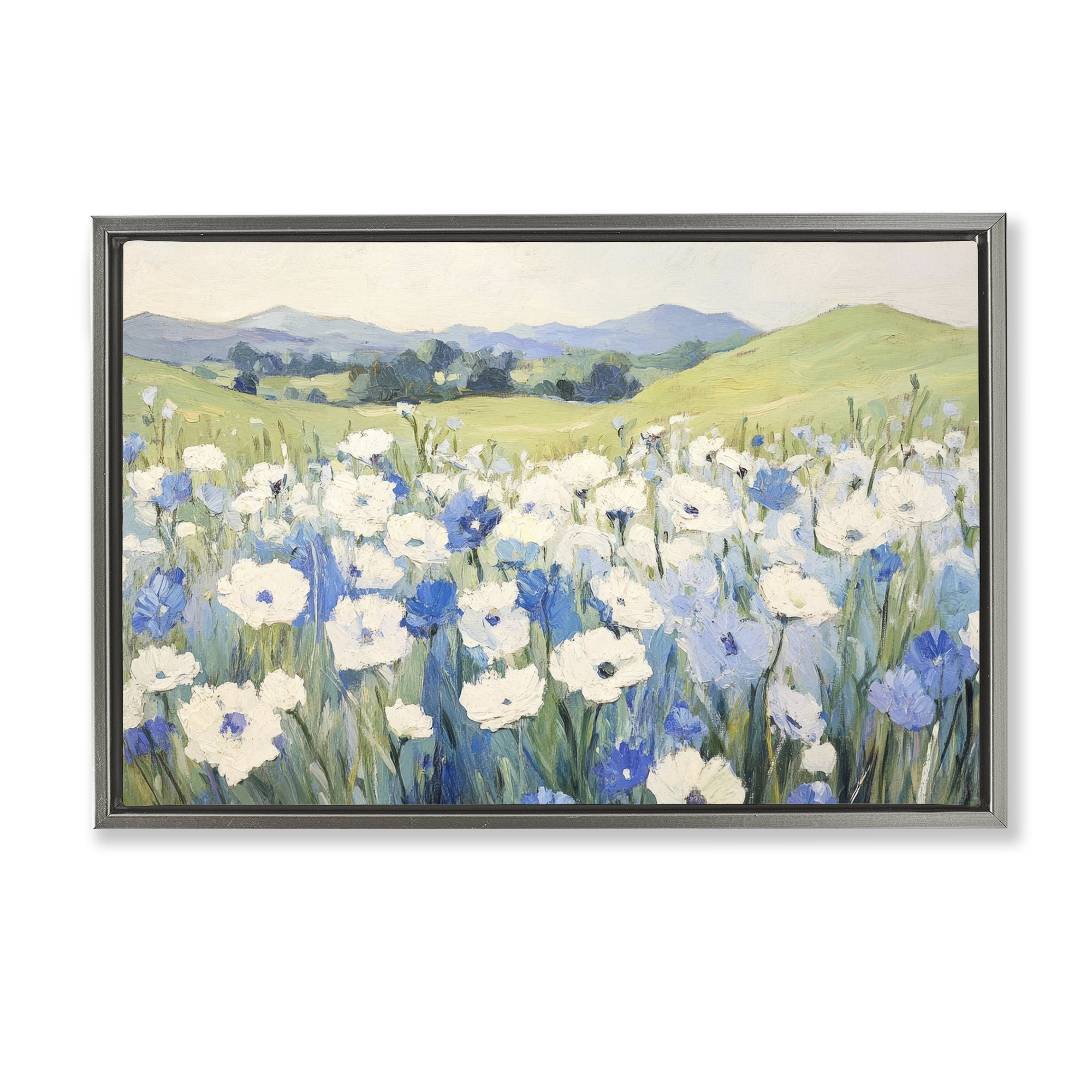 Stupell Industries Blue & White Daisies Gray Framed Floater Canvas Wall Art, design by Petal Prints Design