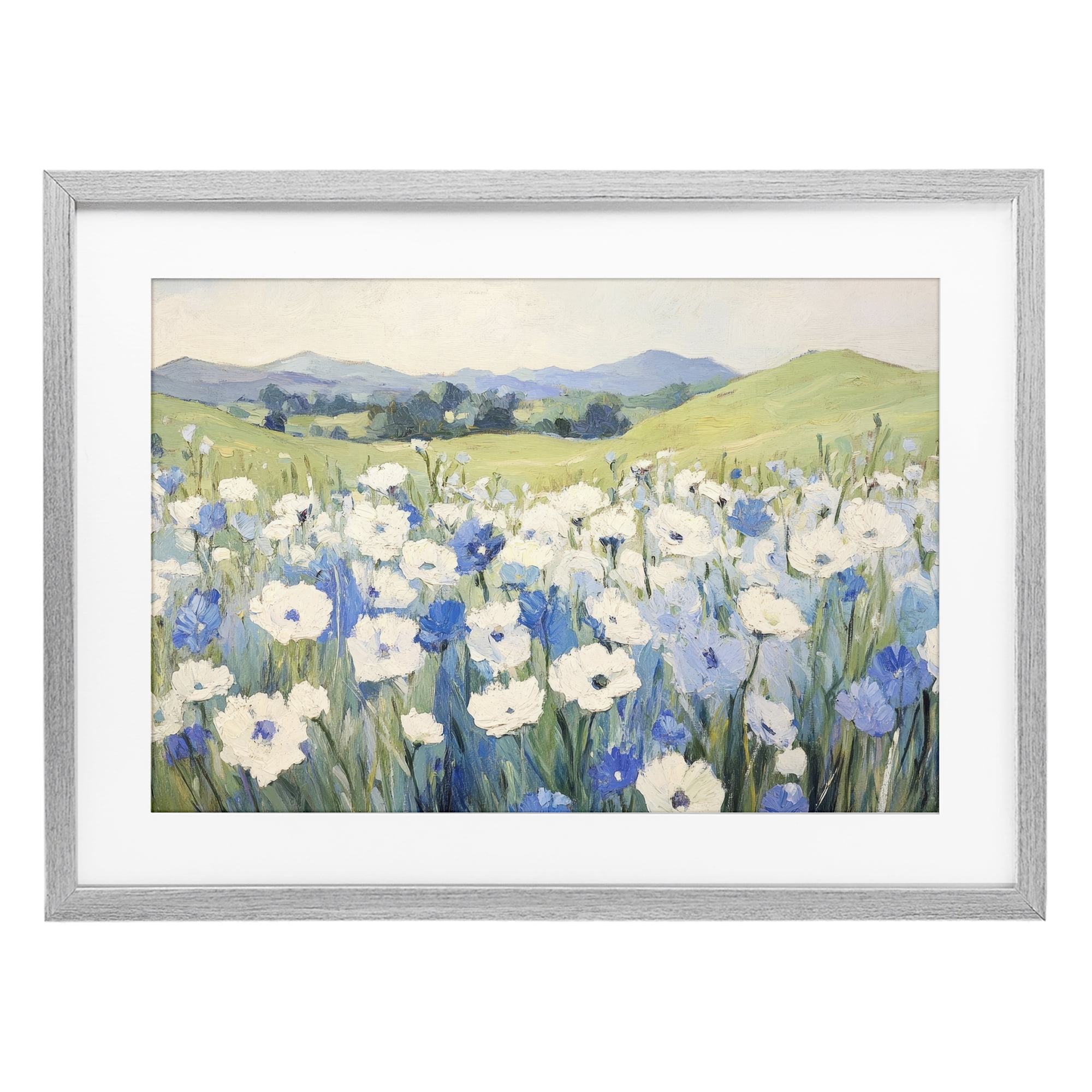 Stupell Industries Blue & White Daisies Gray Framed Print Under Glass, design by Petal Prints Design