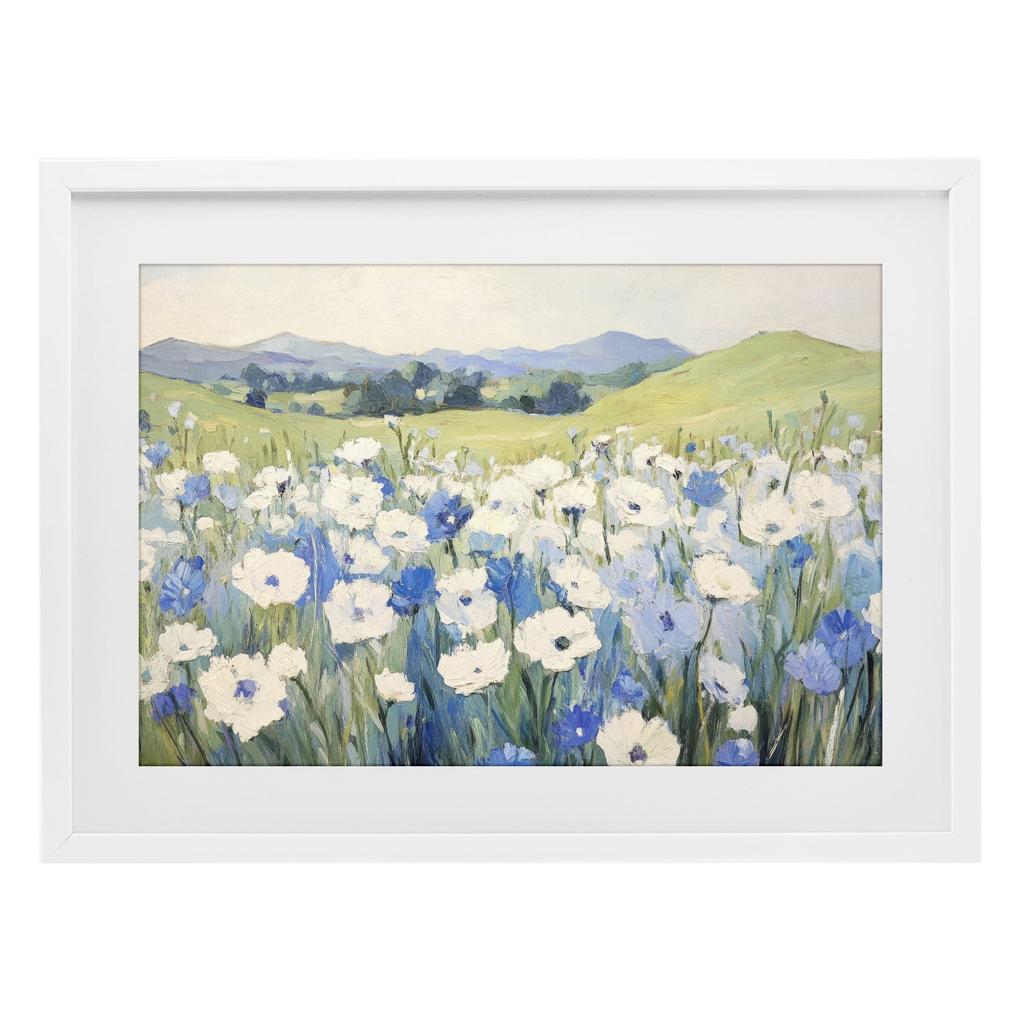 Stupell Industries Blue & White Daisies White Framed Print Under Glass, design by Petal Prints Design