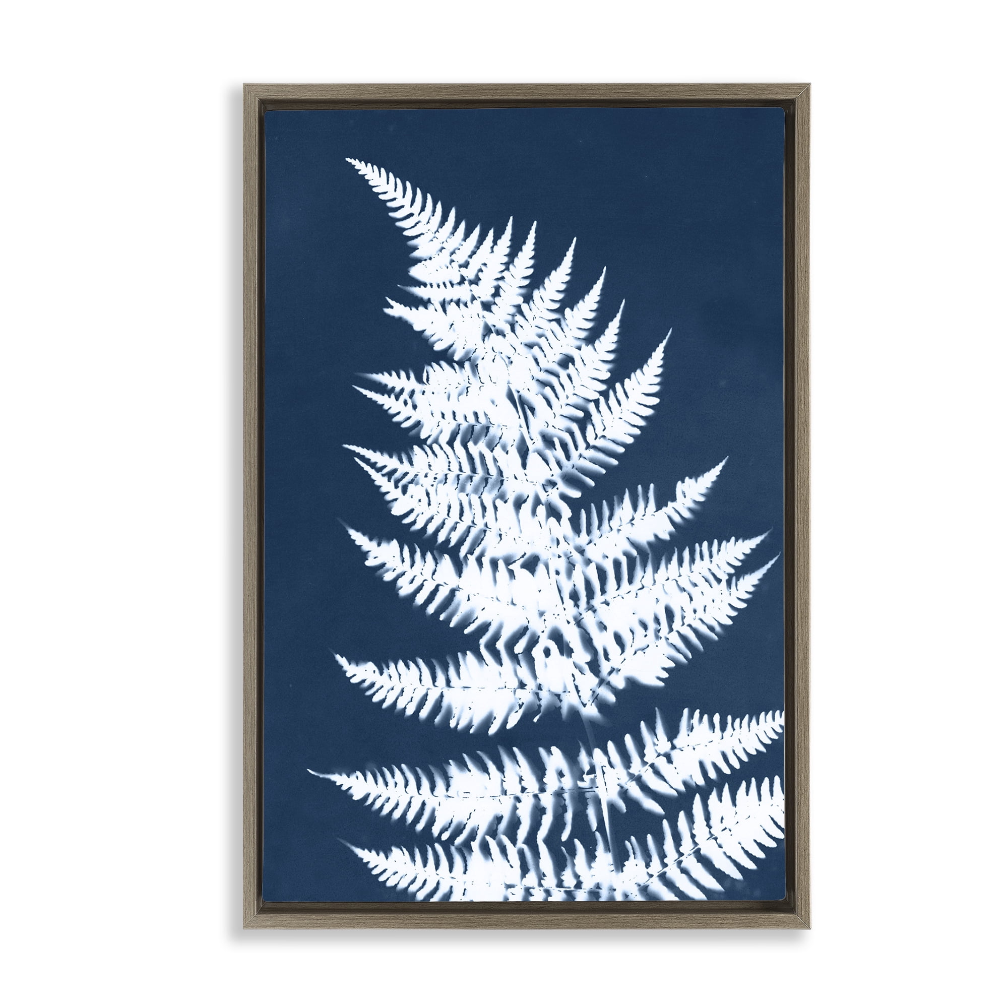 Stupell Industries Blue & White Fern Botanical & Floral Painting Brown Floater Framed Art Print Wall Art, 21 x 31
