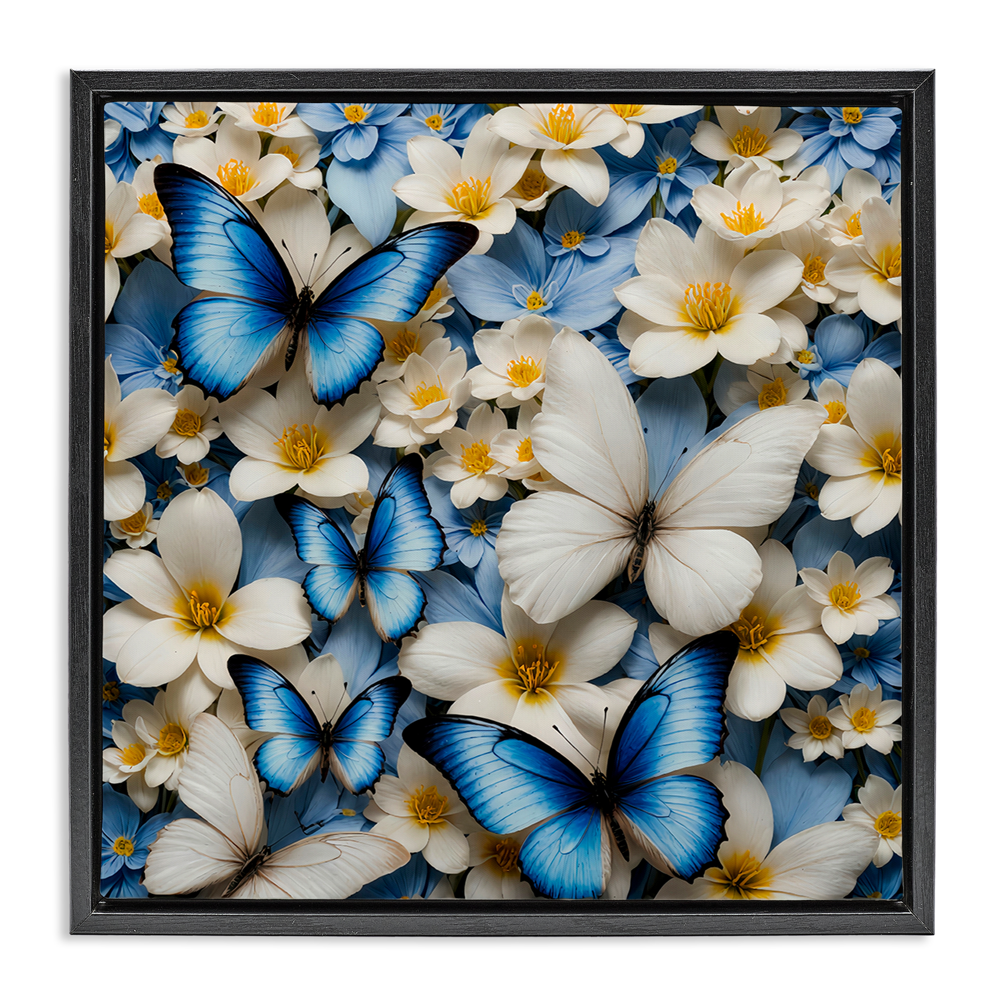 Stupell Industries Blue & White Floral Butterflies Plants & Flowers Painting Black Floater Framed Canvas Art Print Wall Art, 18 x 18
