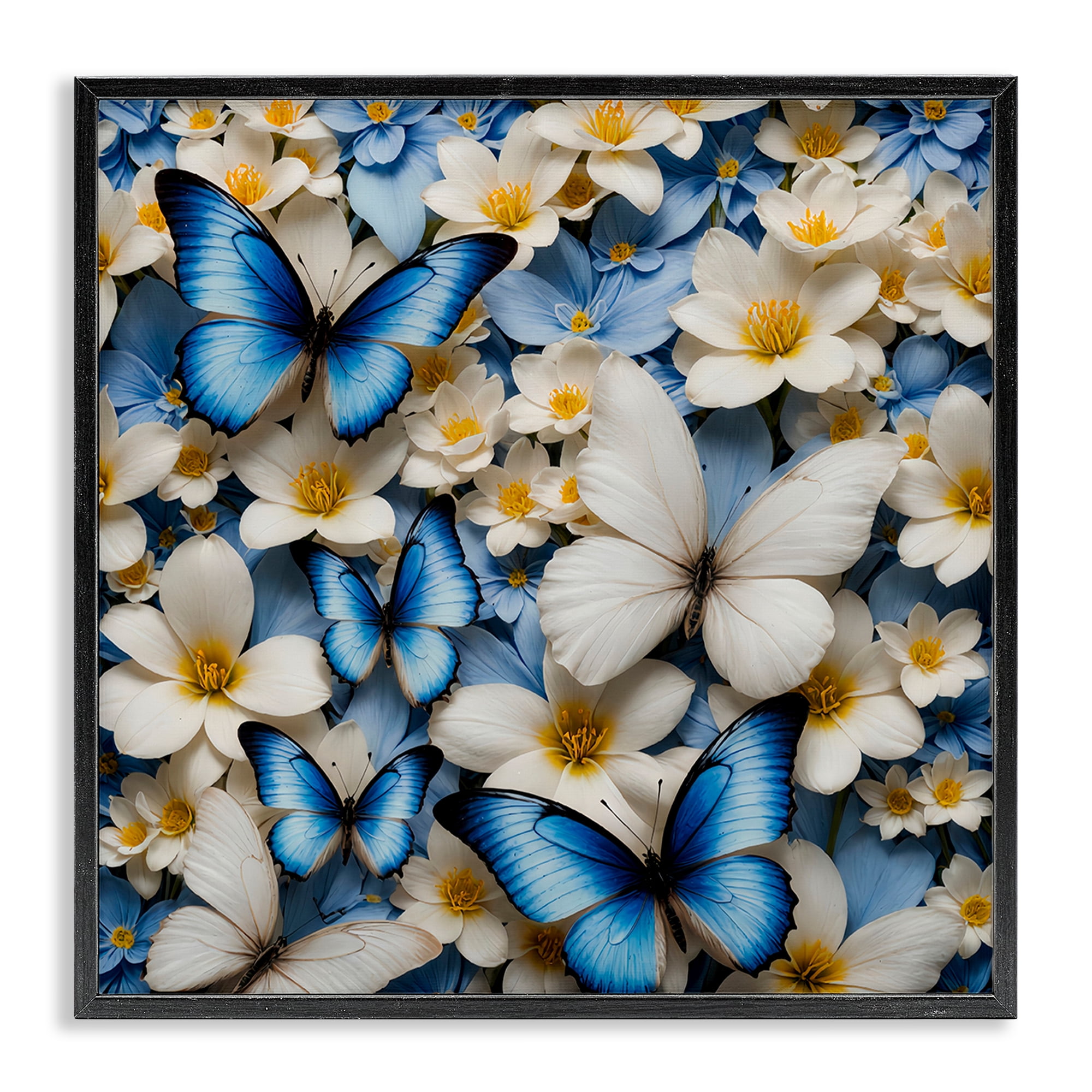 Stupell Industries Blue & White Floral Butterflies Plants & Flowers Painting Black Framed Art Print Wall Art, 17 x 17