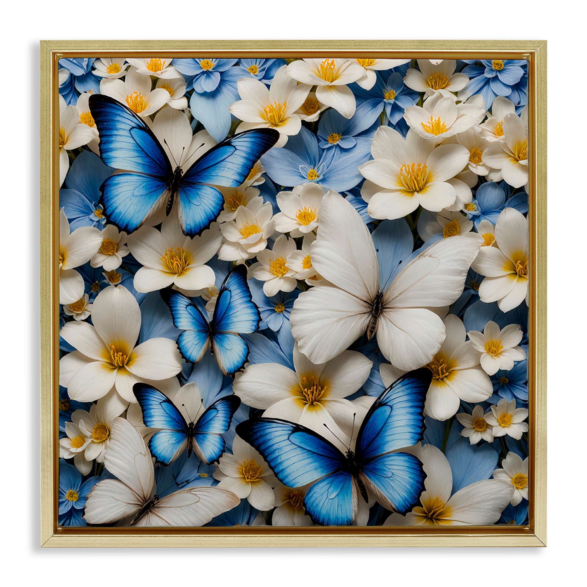 Stupell Industries Blue & White Floral Butterflies Plants & Flowers Painting Gold Floater Framed Canvas Art Print Wall Art, 18 x 18