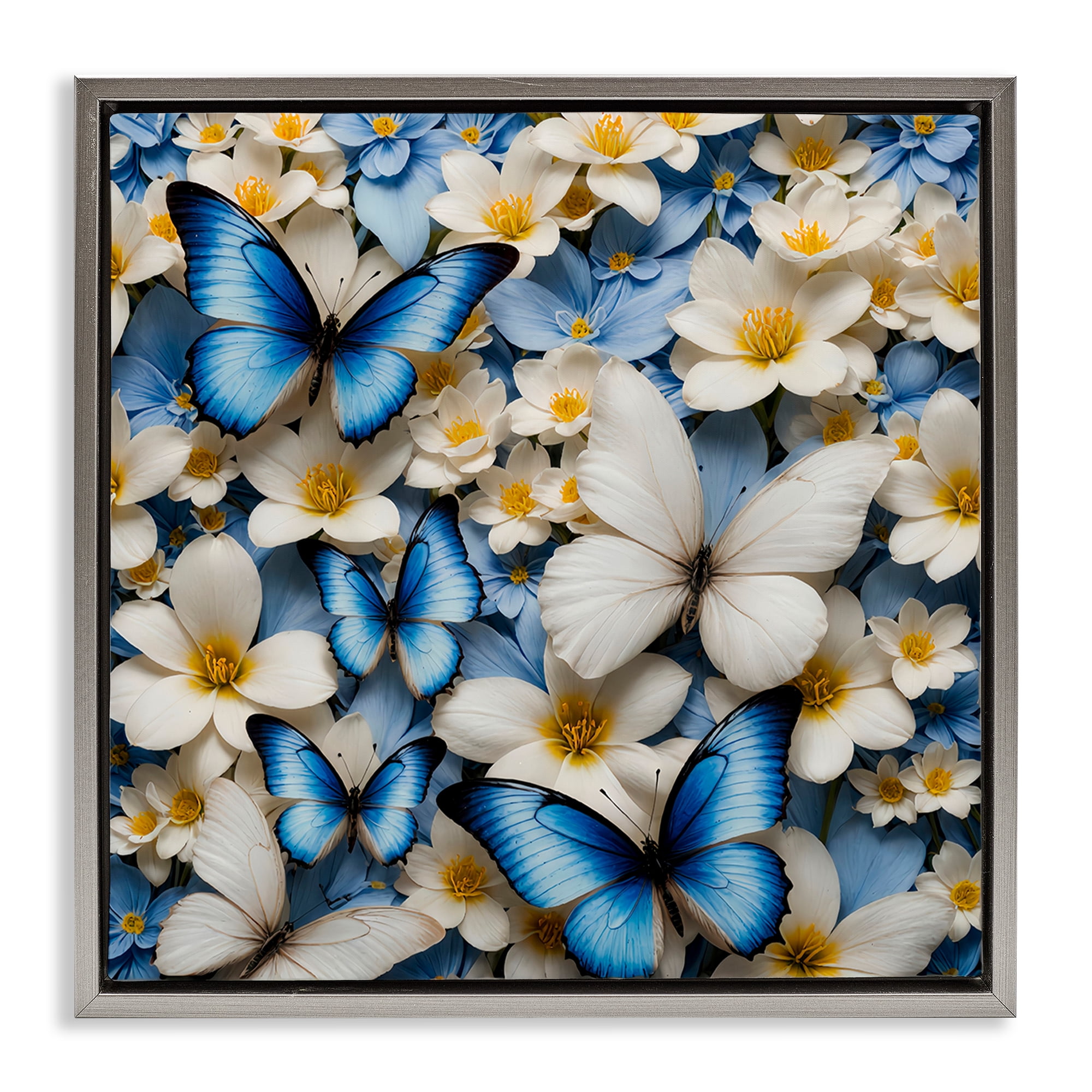 Stupell Industries Blue & White Floral Butterflies Plants & Flowers Painting Gray Floater Framed Canvas Art Print Wall Art, 18 x 18