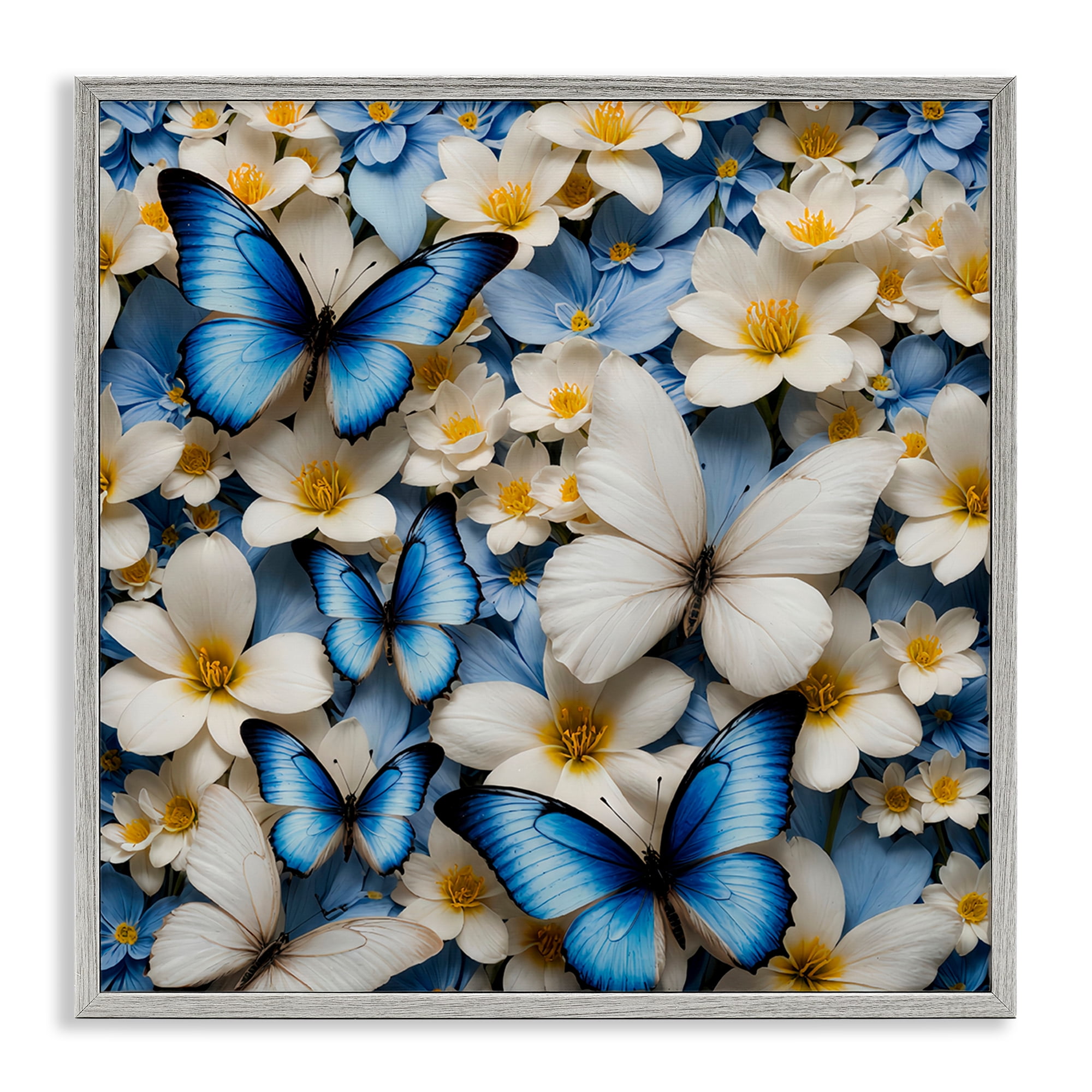 Stupell Industries Blue & White Floral Butterflies Plants & Flowers Painting Gray Framed Art Print Wall Art, 17 x 17