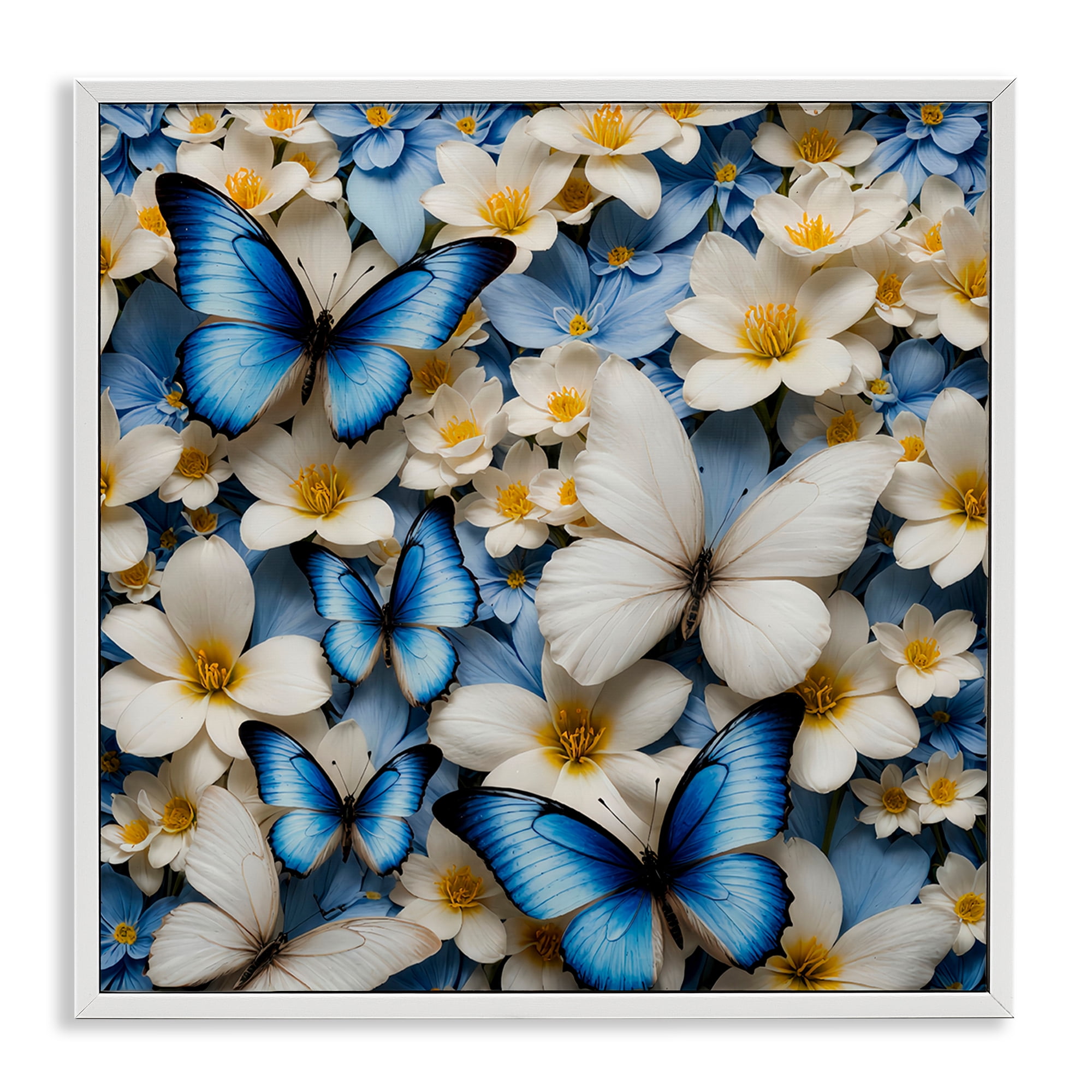 Stupell Industries Blue & White Floral Butterflies Plants & Flowers Painting White Framed Art Print Wall Art, 12 x 12