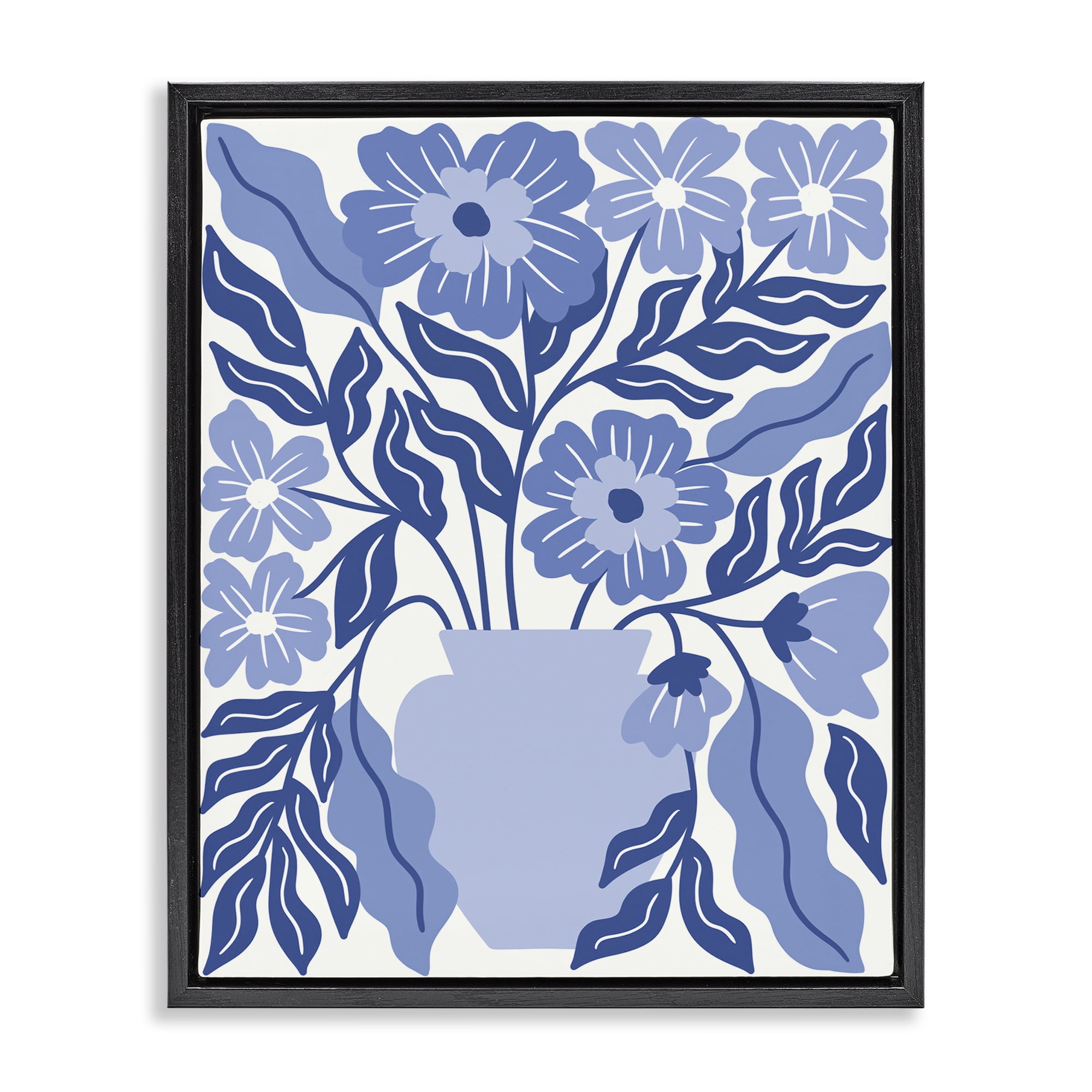 Stupell Industries Blue & White Flower Vase Plants & Flowers Painting Black Floater Framed Canvas Art Print Wall Art, 25 x 31