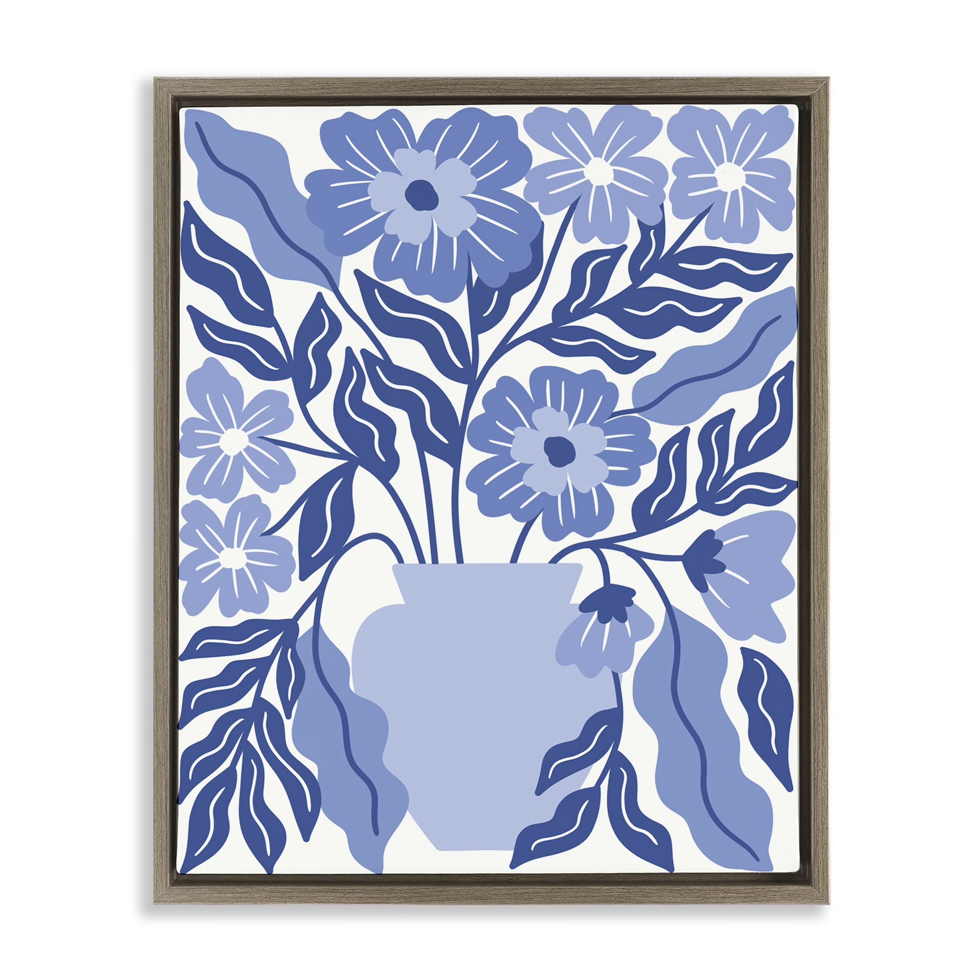 Stupell Industries Blue & White Flower Vase Plants & Flowers Painting Brown Floater Framed Canvas Art Print Wall Art, 17 x 21