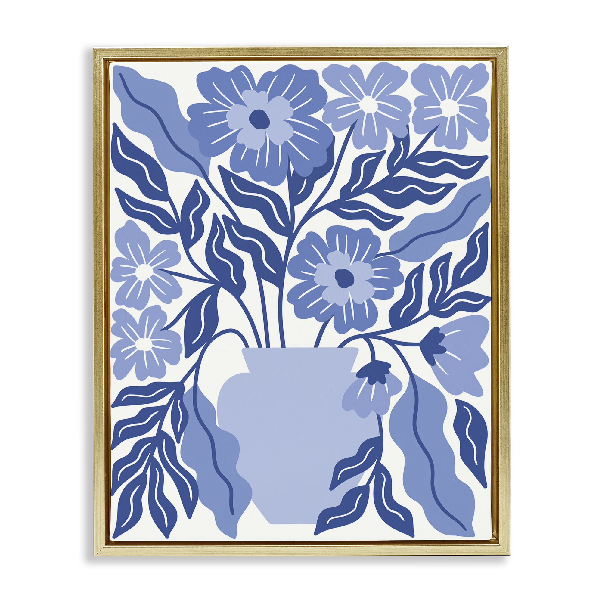 Stupell Industries Blue & White Flower Vase Plants & Flowers Painting Gold Floater Framed Canvas Art Print Wall Art, 25 x 31