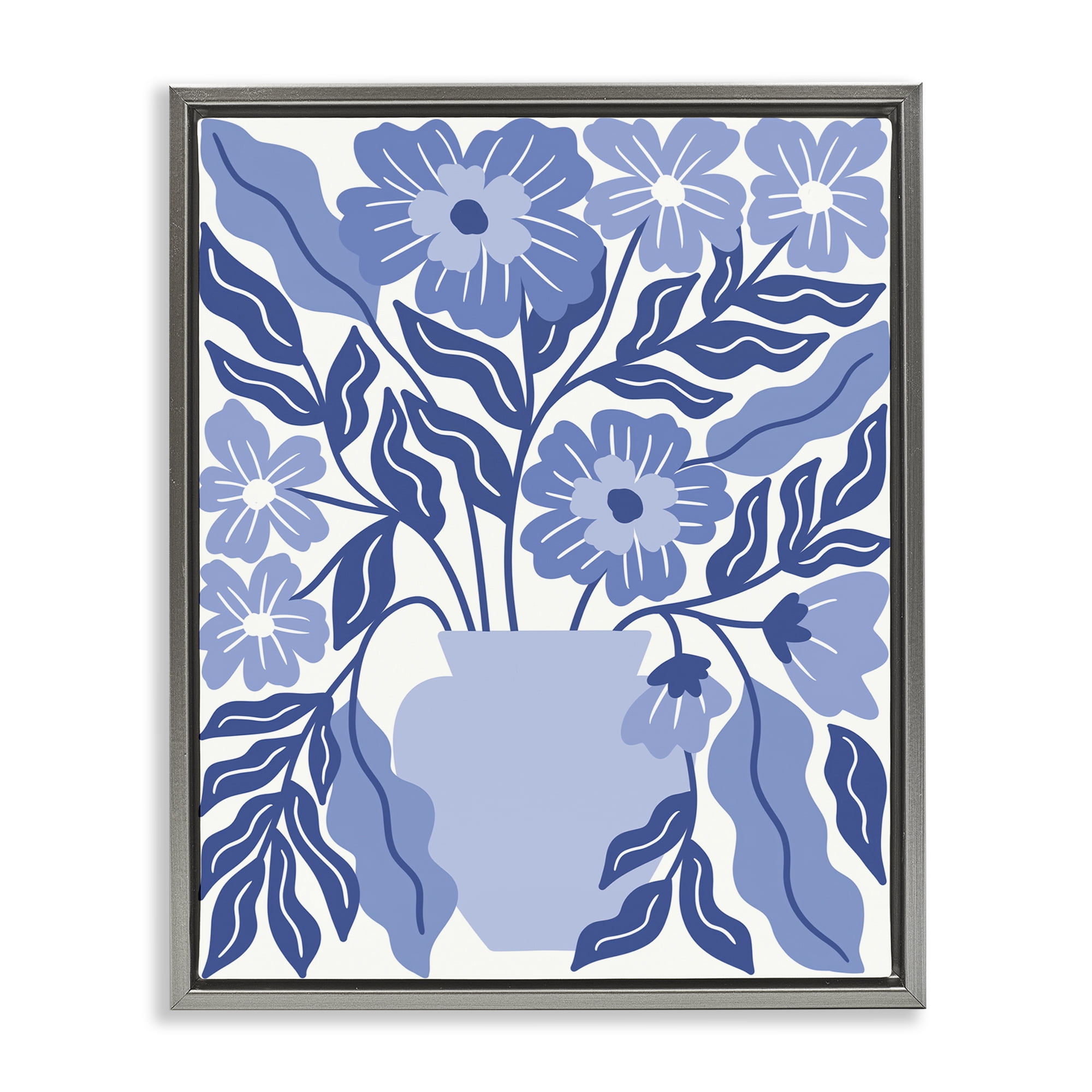 Stupell Industries Blue & White Flower Vase Plants & Flowers Painting Gray Floater Framed Canvas Art Print Wall Art, 17 x 21