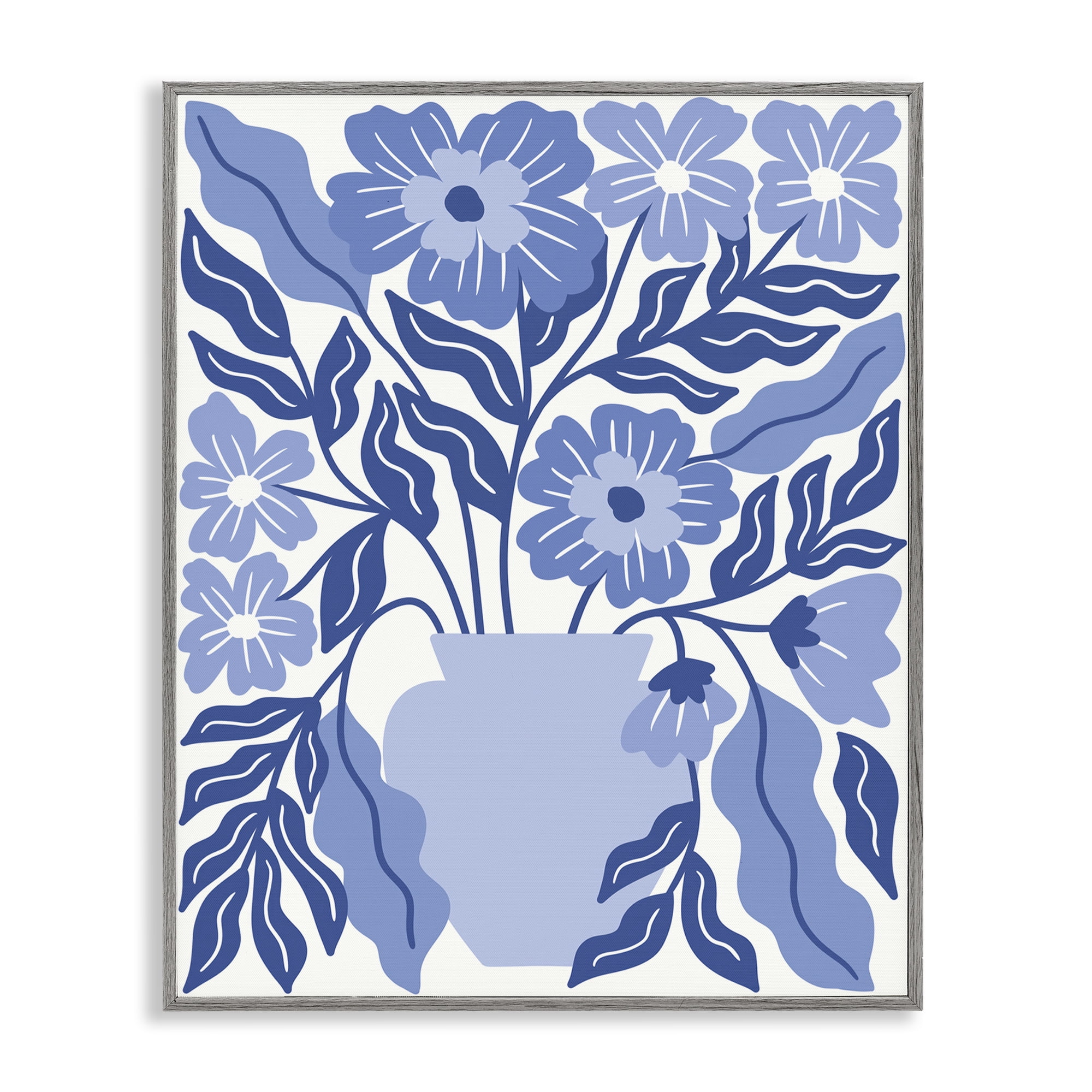 Stupell Industries Blue & White Flower Vase Plants & Flowers Painting Gray Framed Art Print Wall Art, 11 x 14