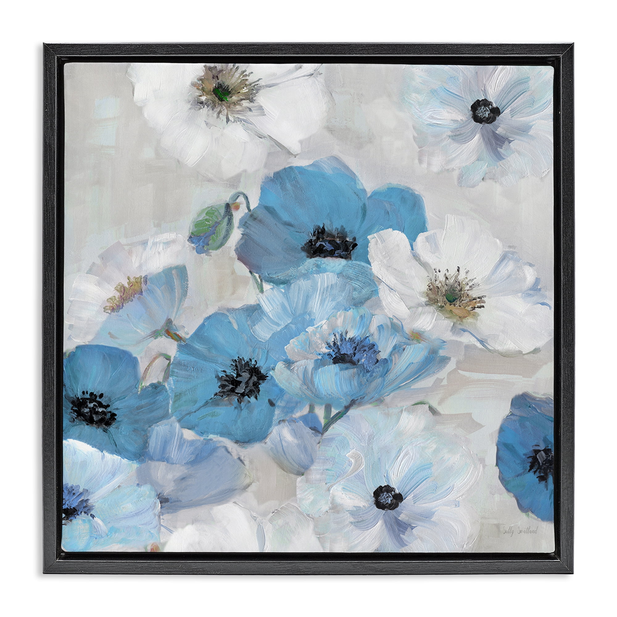 Stupell Industries Blue & White Flowers Plants & Flowers Painting Black Floater Framed Canvas Art Print Wall Art, 18 x 18