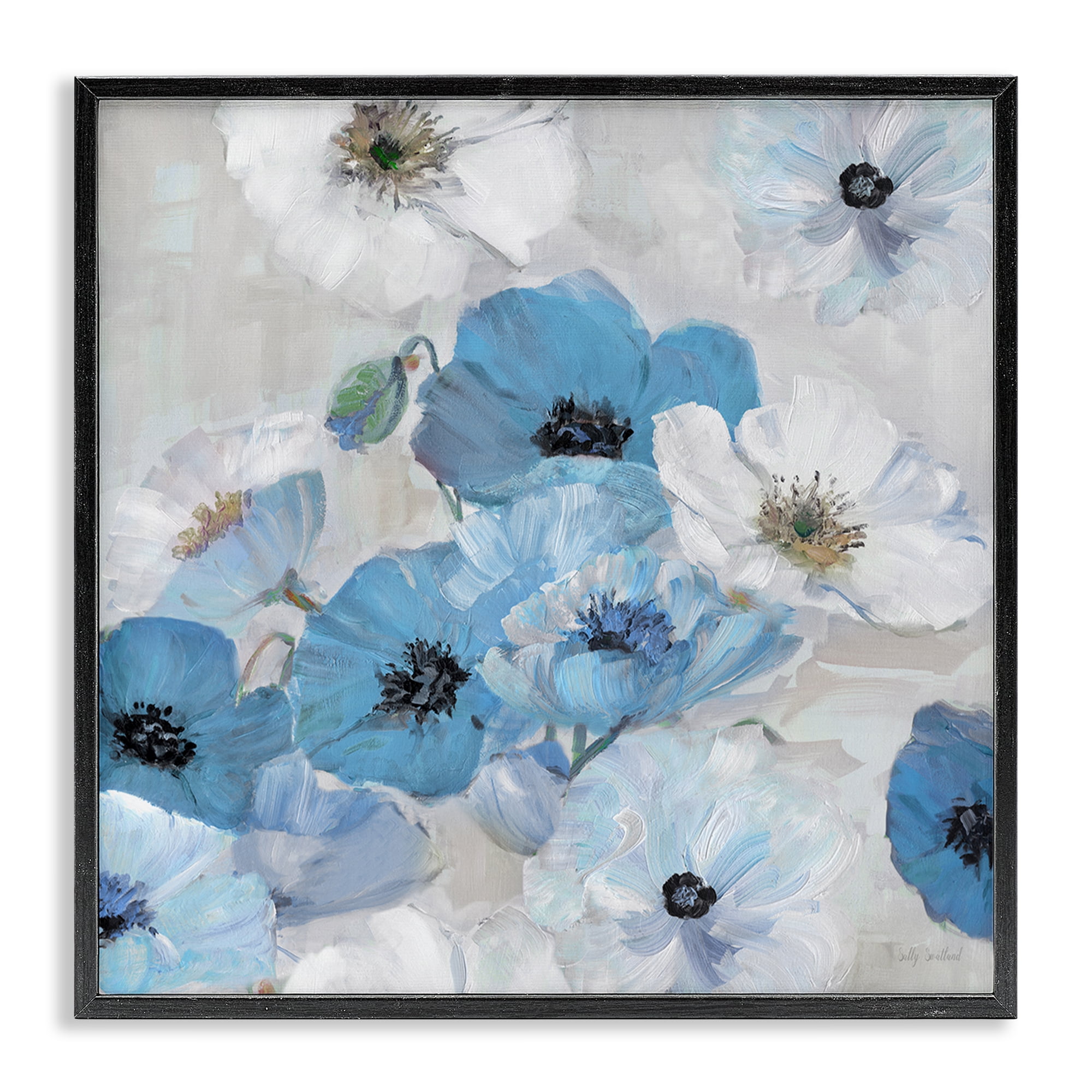 Stupell Industries Blue & White Flowers Plants & Flowers Painting Black Framed Art Print Wall Art, 24 x 24