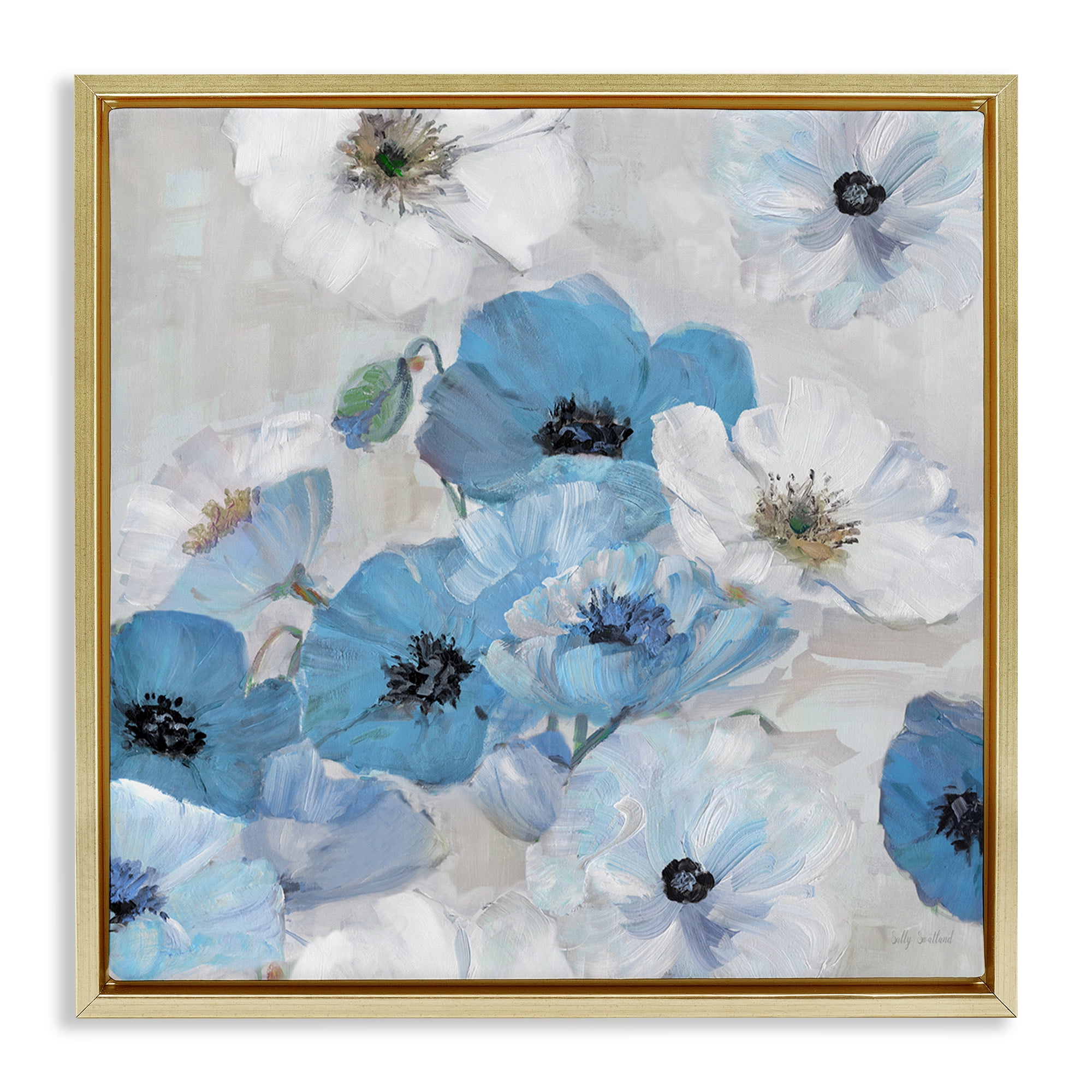 Stupell Industries Blue & White Flowers Plants & Flowers Painting Gold Floater Framed Canvas Art Print Wall Art, 18 x 18